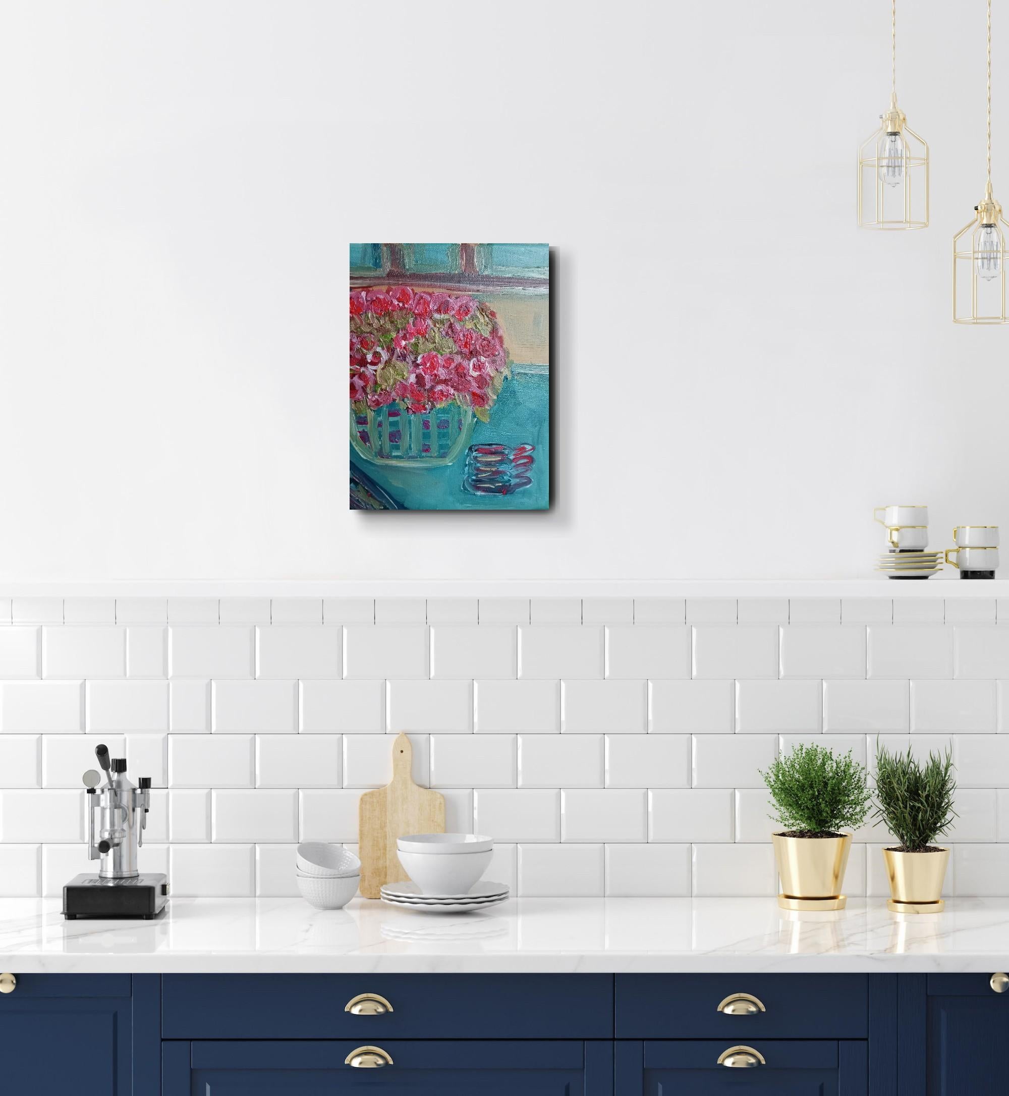 Il profumo del caffè caldo e delle rose sbocciate (pittura ad olio floreale su tela) in vendita 2