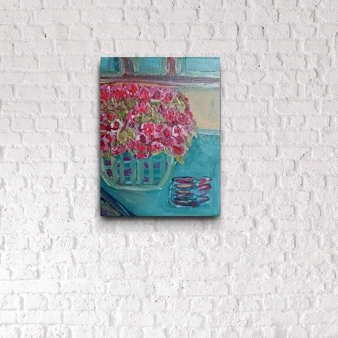 Il profumo del caffè caldo e delle rose sbocciate (pittura ad olio floreale su tela) in vendita 3