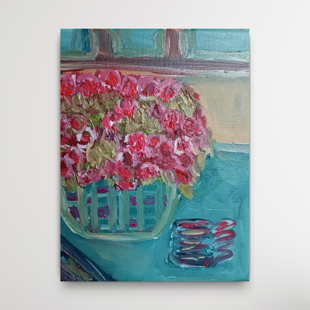 Il profumo del caffè caldo e delle rose sbocciate (pittura ad olio floreale su tela) in vendita 4