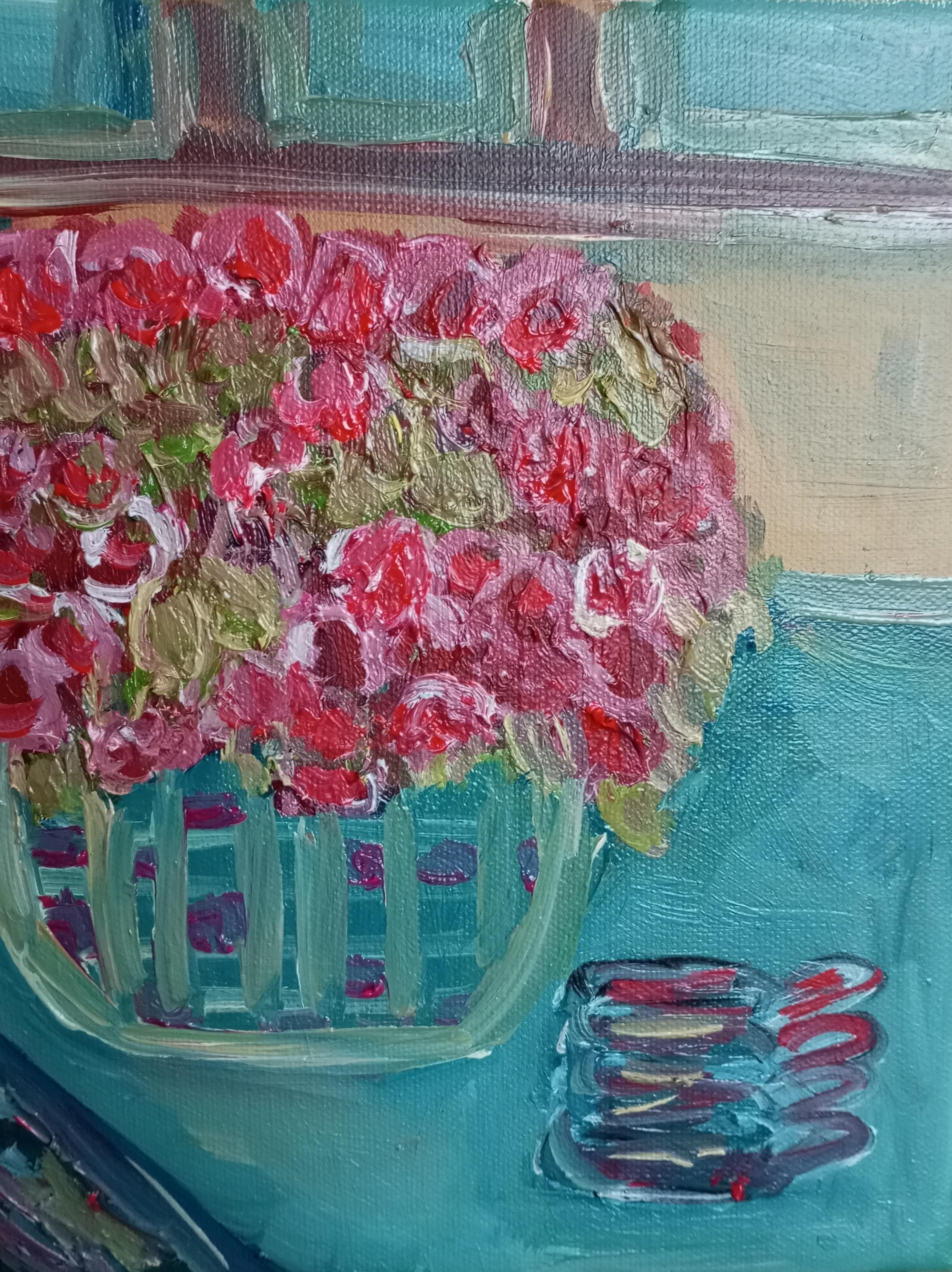 El olor del café caliente y las rosas florecidas ( cuadro floral al óleo sobre lienzo)