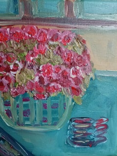 The smell of warm coffee and bloomed roses ( floral oil painting on canvas)