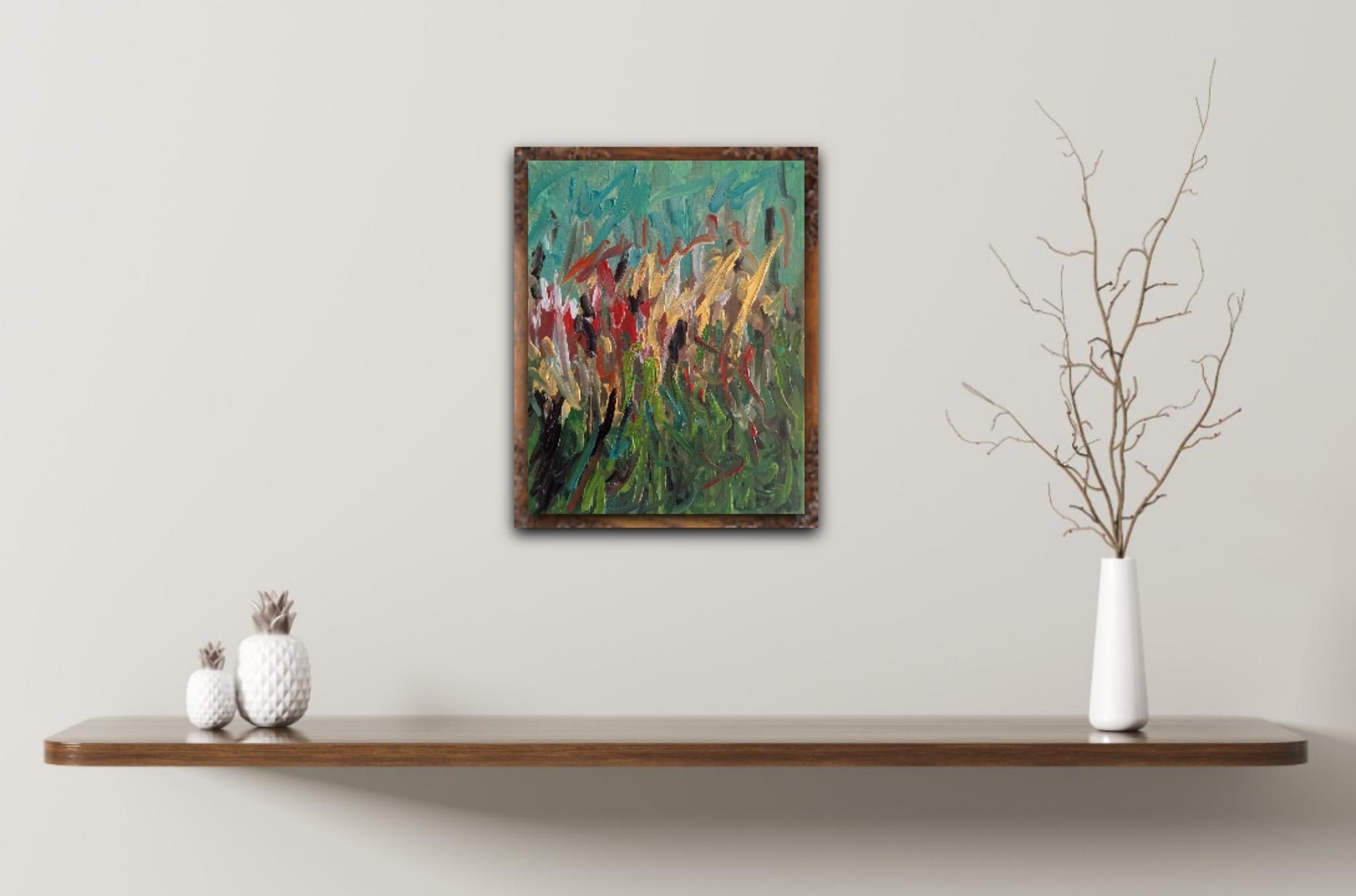 Pittura a olio su tela di tipo impressionista astratto e floreale 