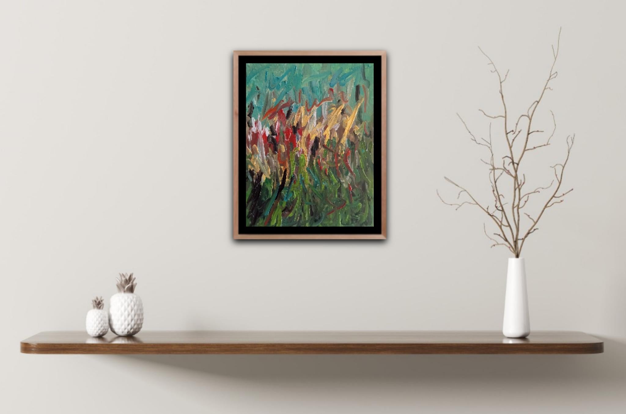 Pittura a olio su tela di tipo impressionista astratto e floreale 