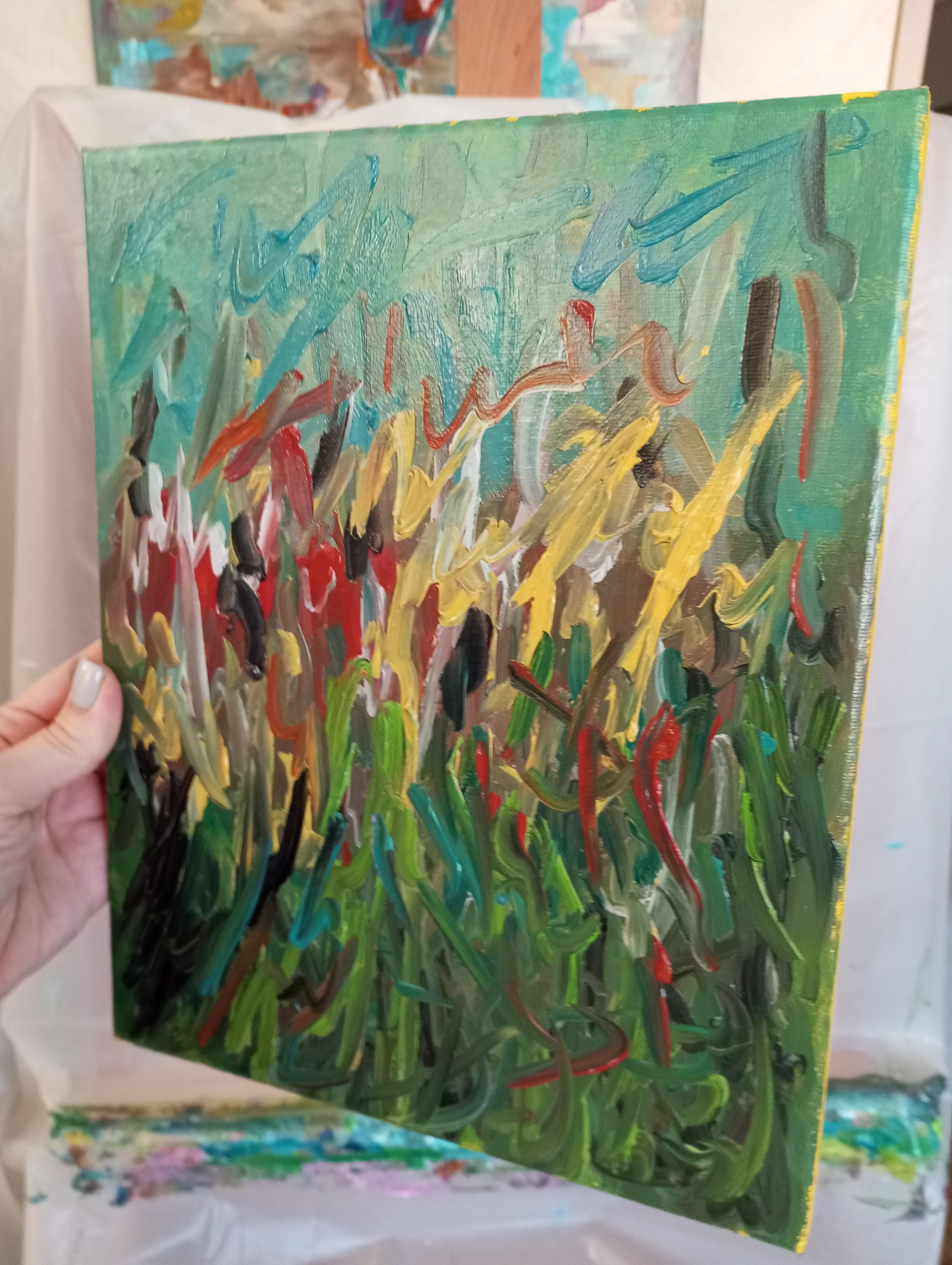 Questo quadro impressionista astratto ed espressivo contemporaneo, che raffigura la natura in piena estate, è stato creato dall'artista francese Natalya Mougenot. Conosciuta per il suo stile audace ed emotivo, Natalya ama lavorare nella tradizione