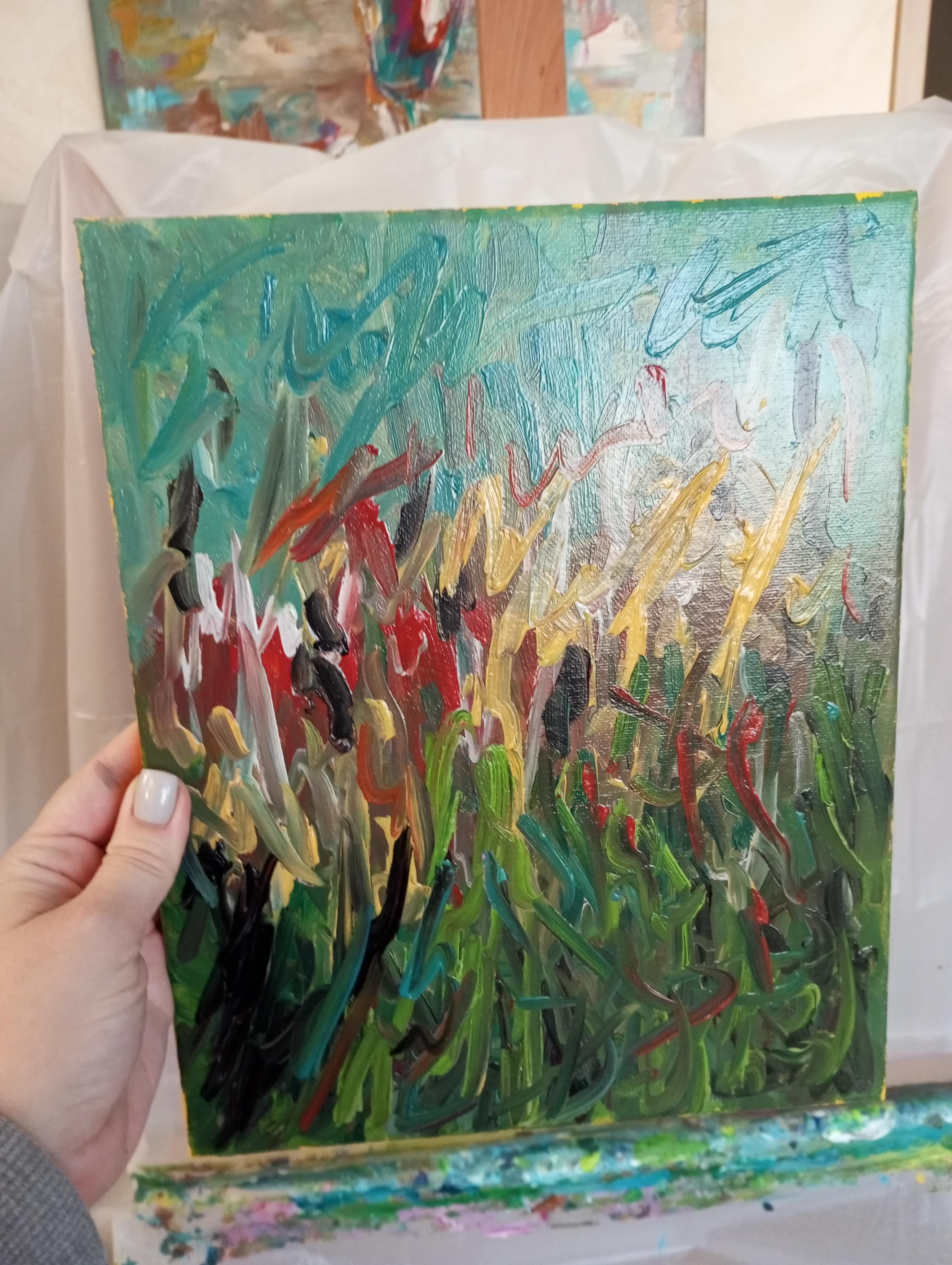 Pittura a olio su tela di tipo impressionista astratto e floreale 