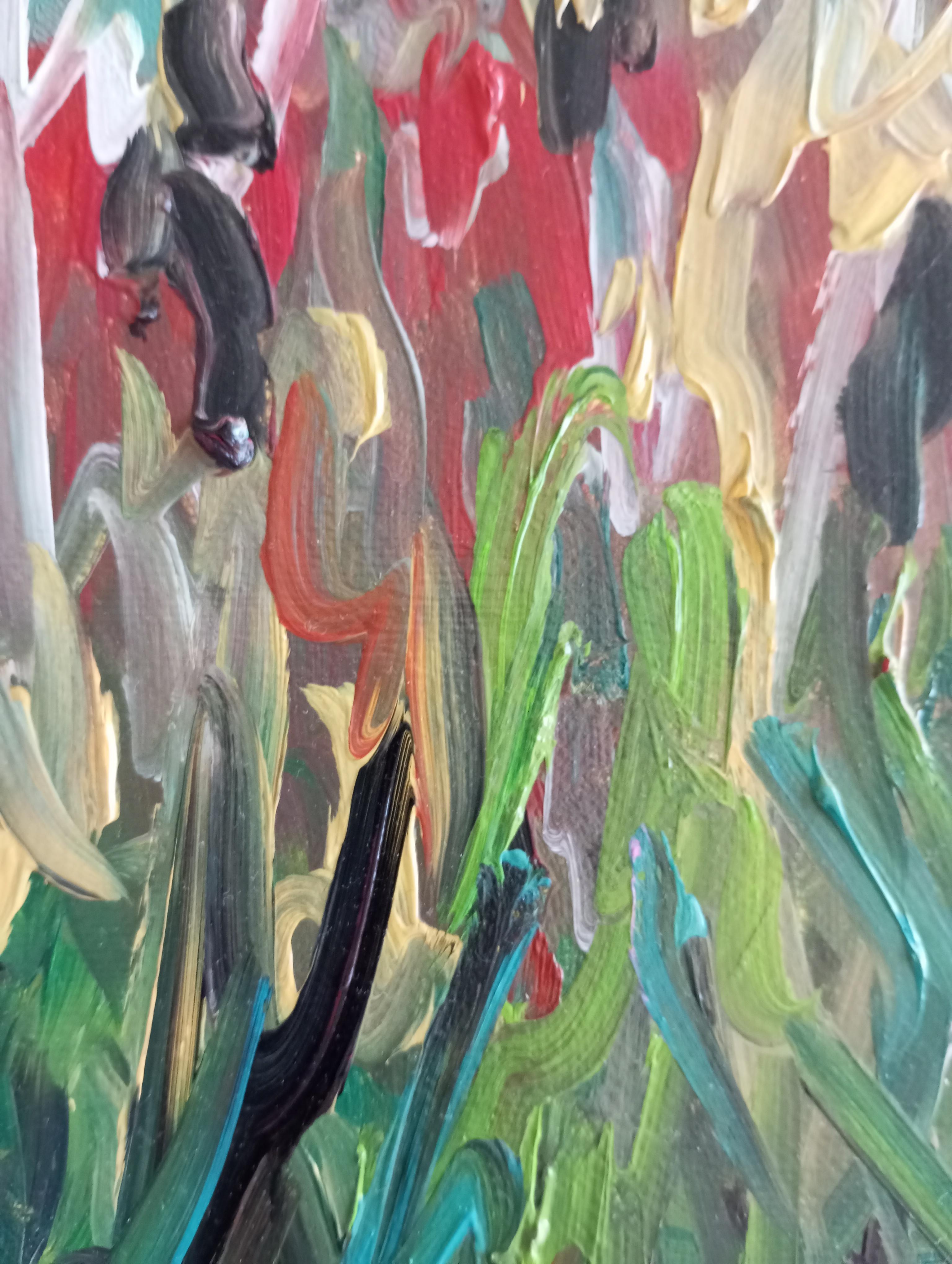 Pittura a olio su tela di tipo impressionista astratto e floreale 