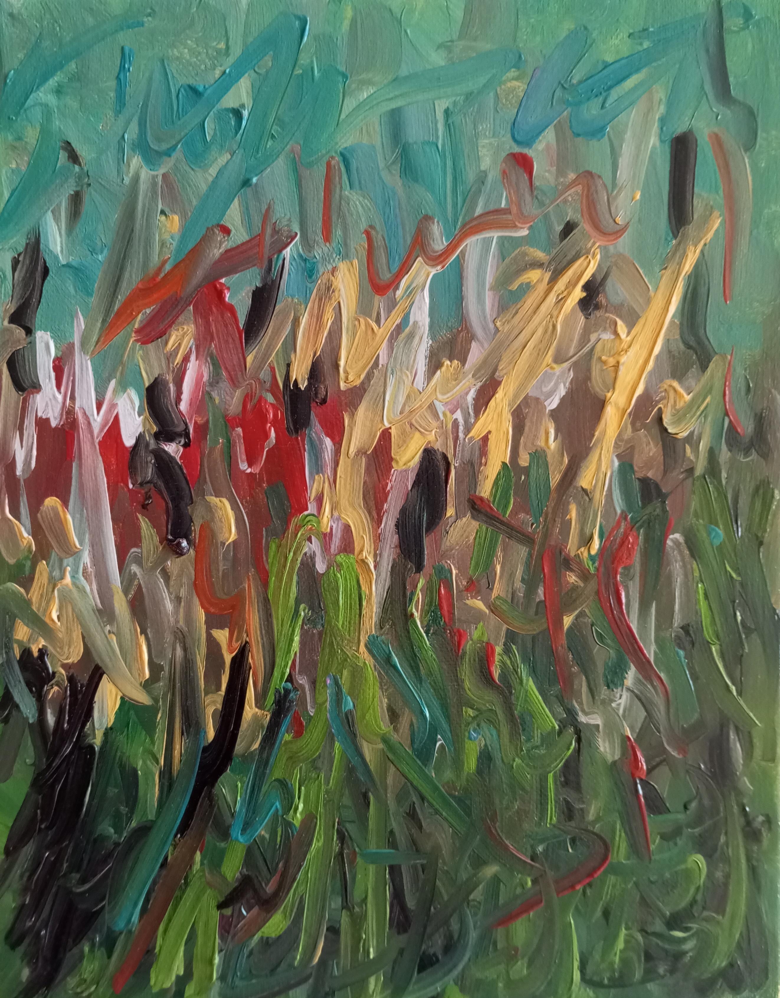 Pittura a olio su tela di tipo impressionista astratto e floreale "Il campo del vento d'estate".