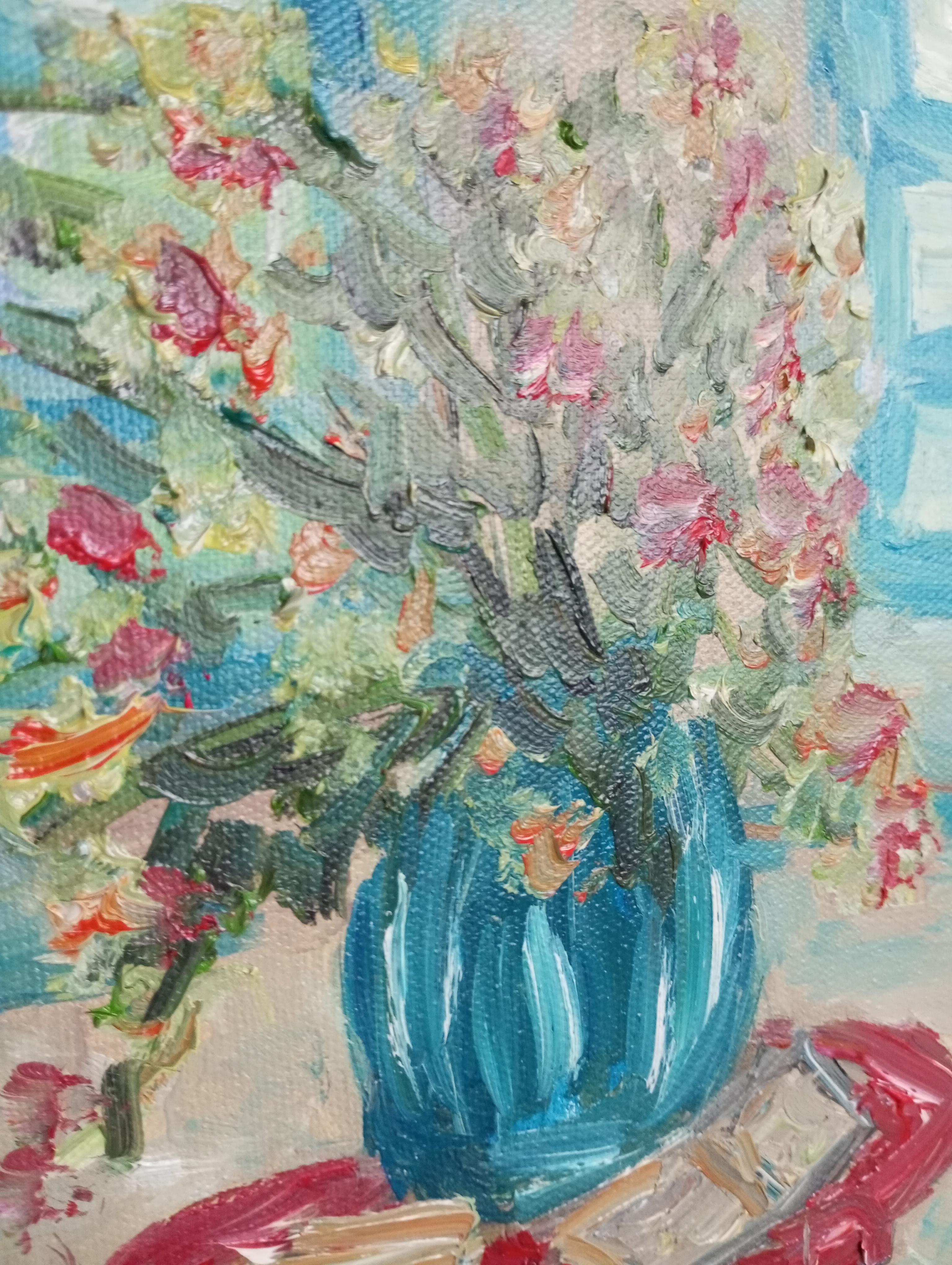 The warm glow of sunshine in the morning (still life painting of flowers) For Sale 5