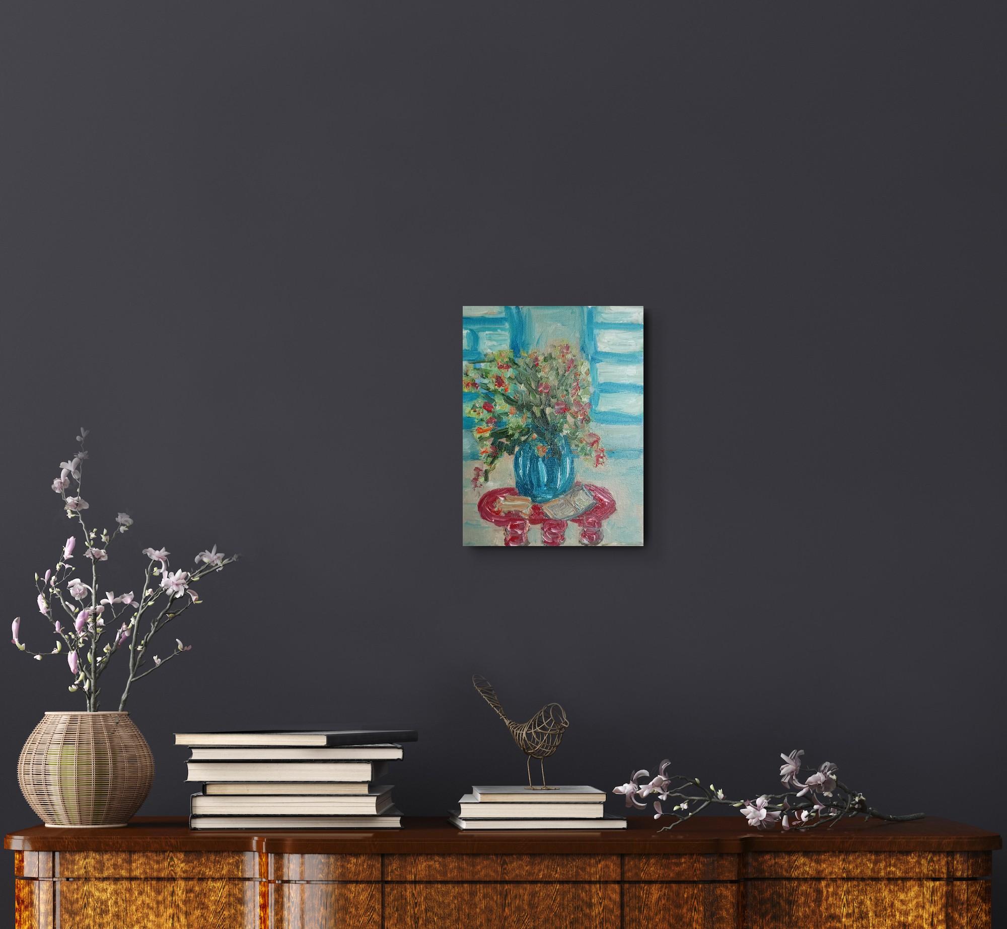 The warm glow of sunshine in the morning (still life painting of flowers) - Gray Figurative Painting by Natalya Mougenot 