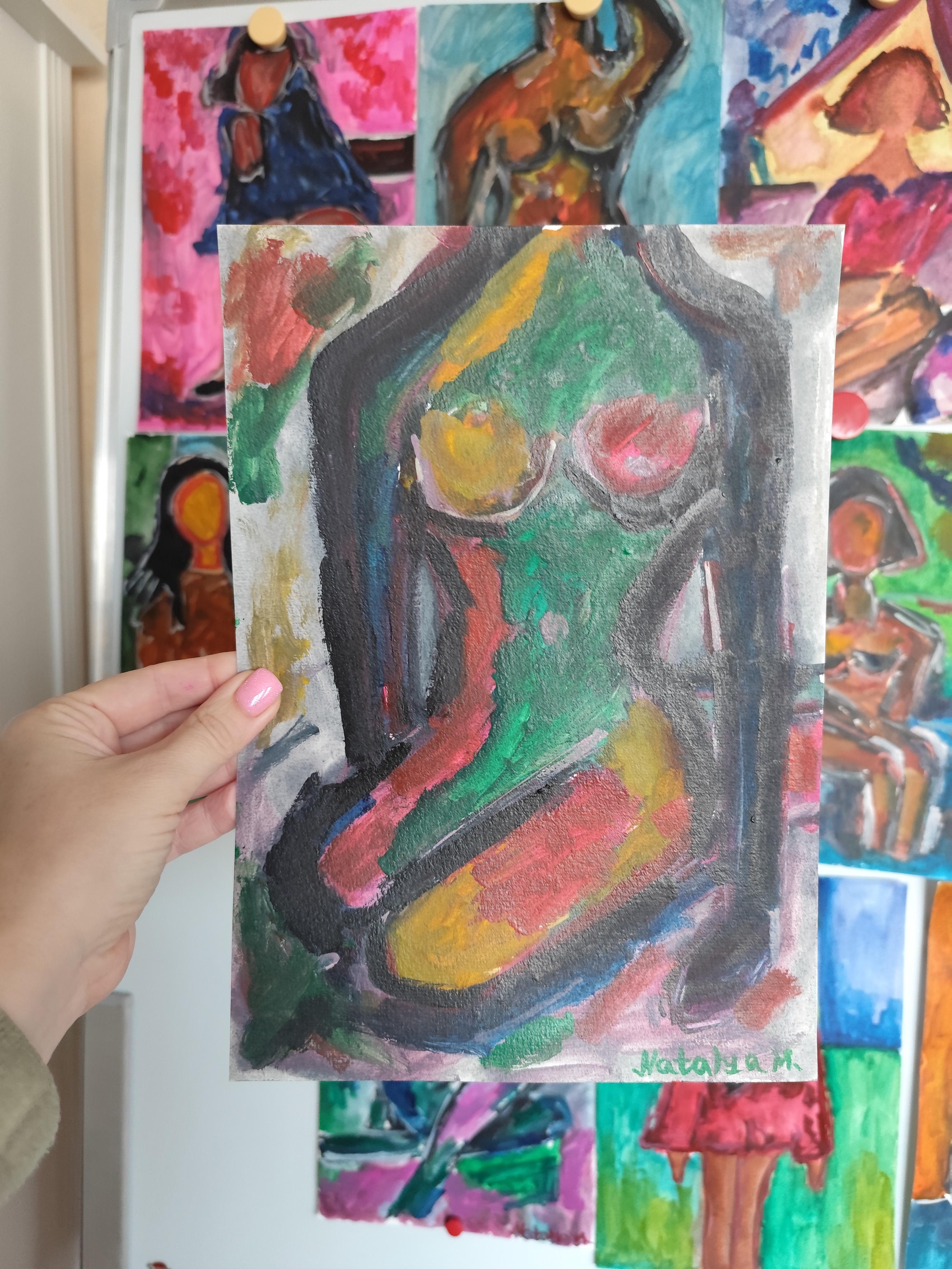 Pittura astratta figurativa di donna su carta 