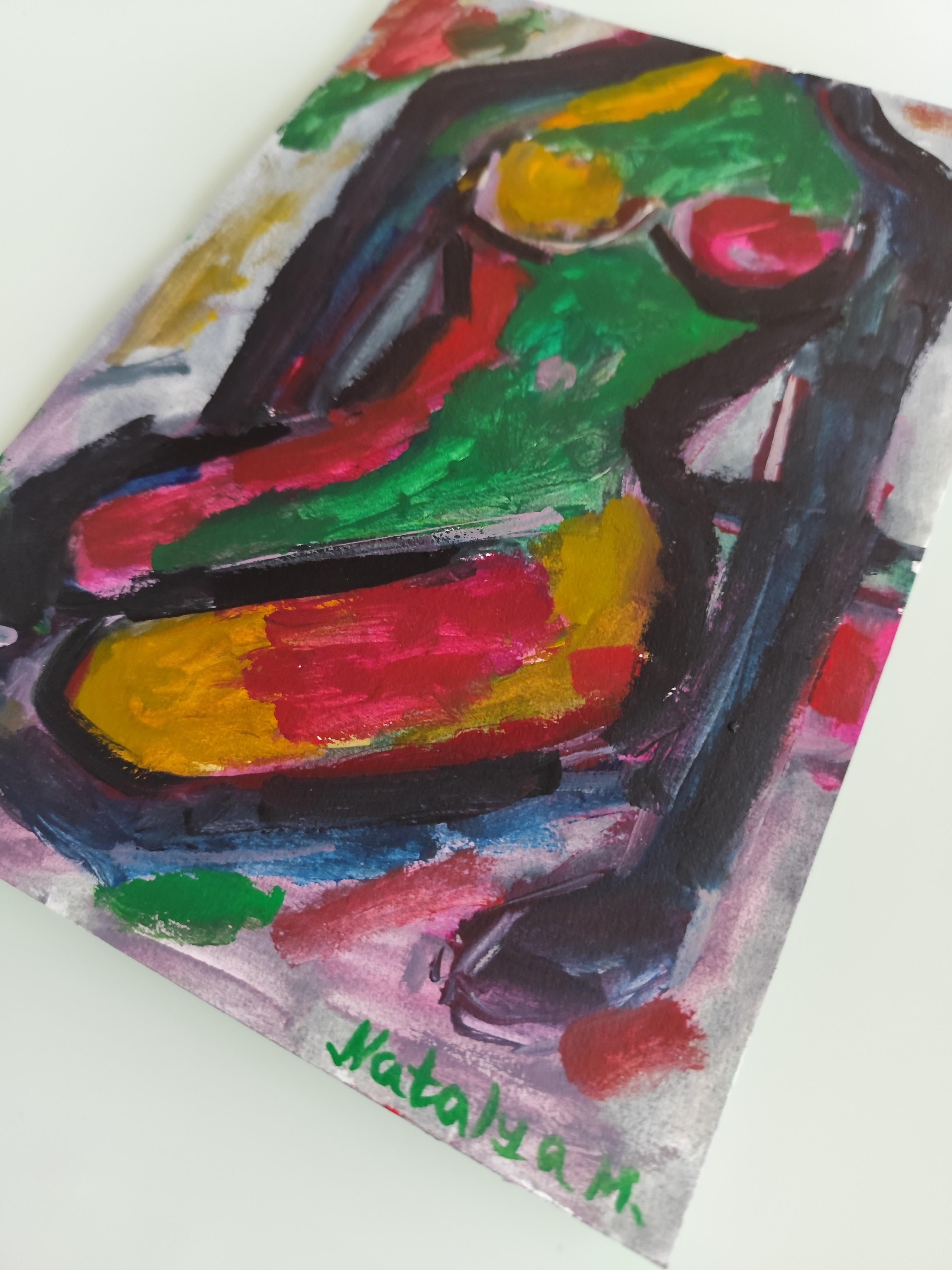 Pittura astratta figurativa di donna su carta 