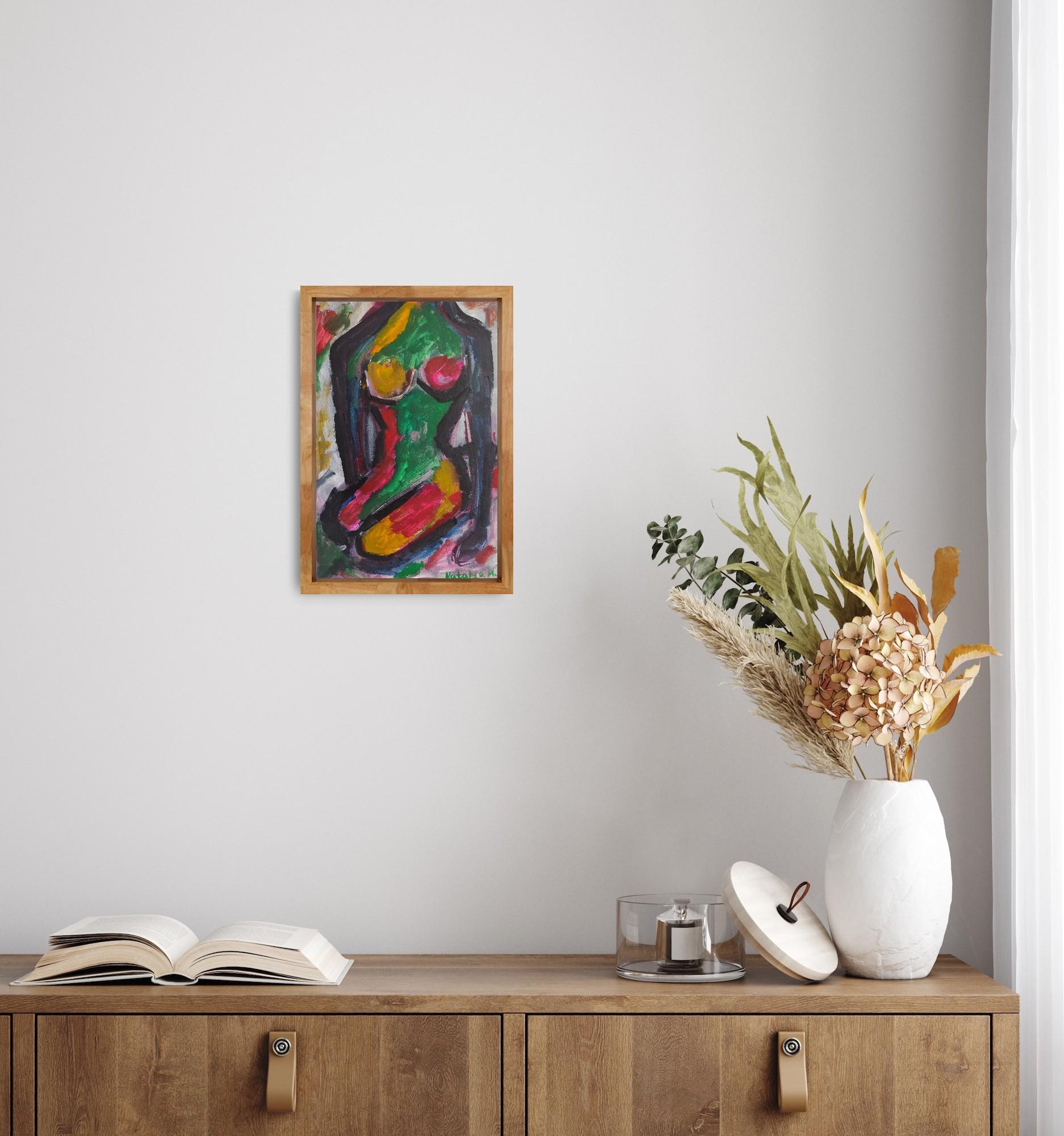Pittura astratta figurativa di donna su carta 