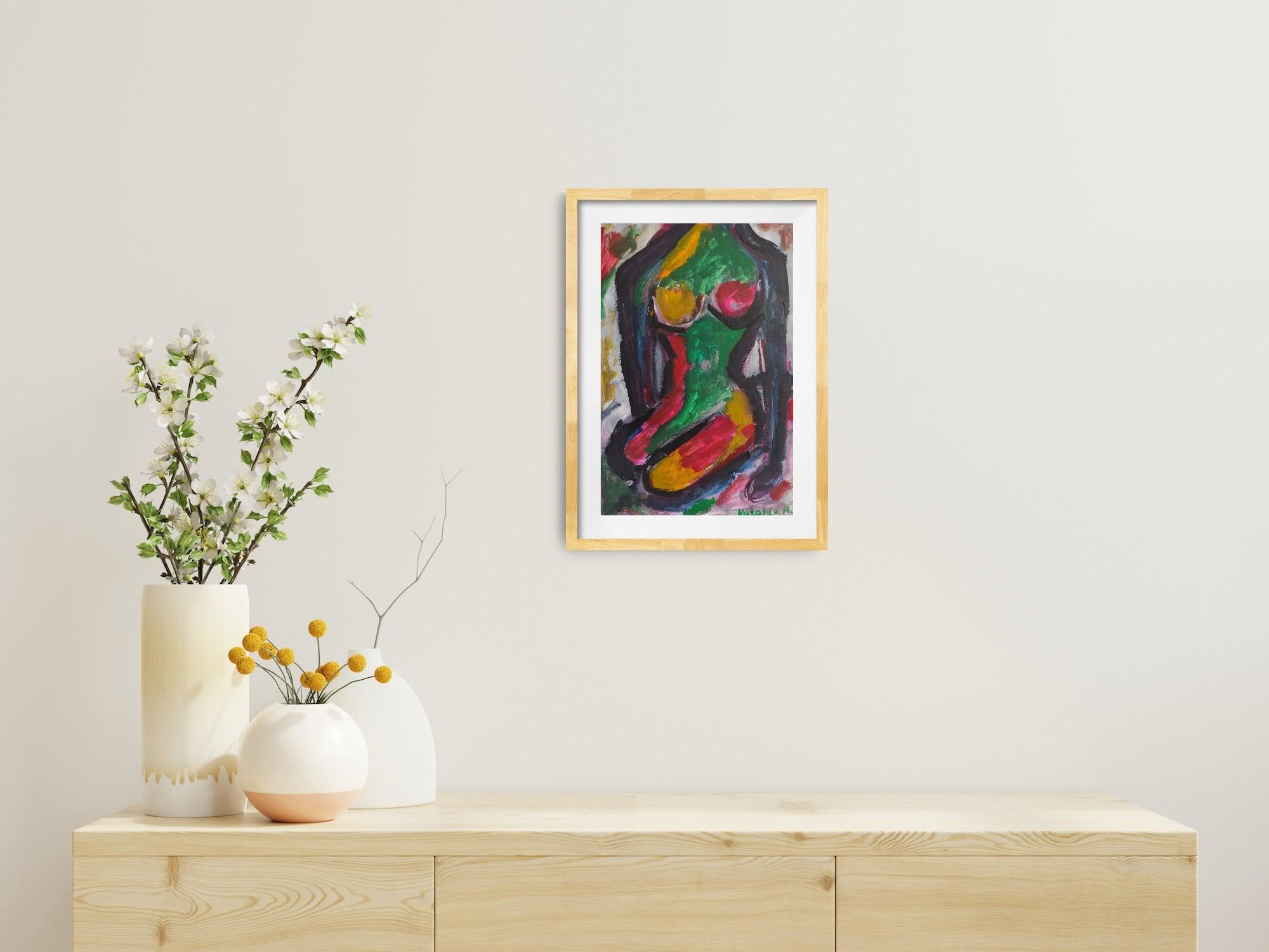 Pittura astratta figurativa di donna su carta 