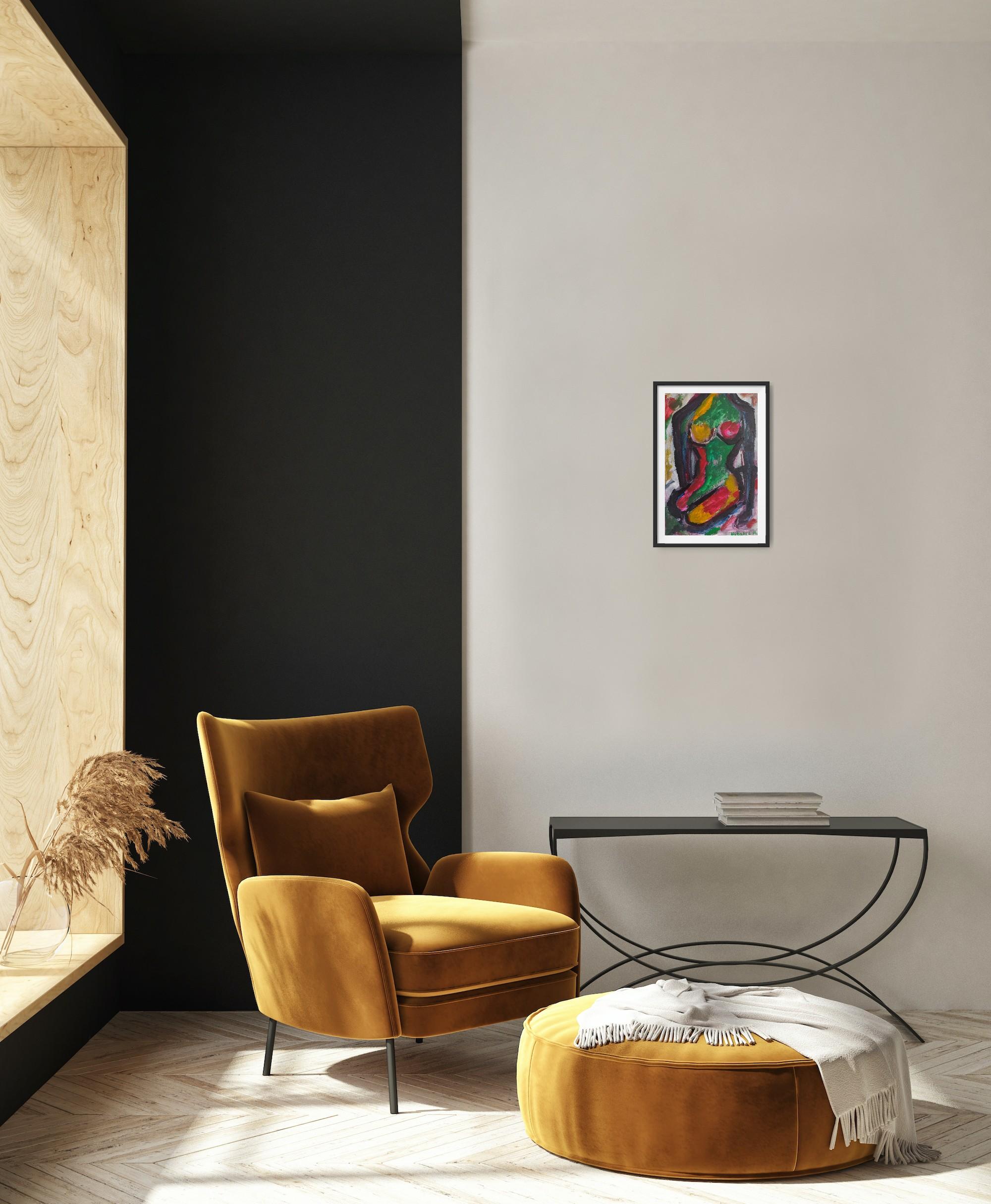 Pittura astratta figurativa di donna su carta 