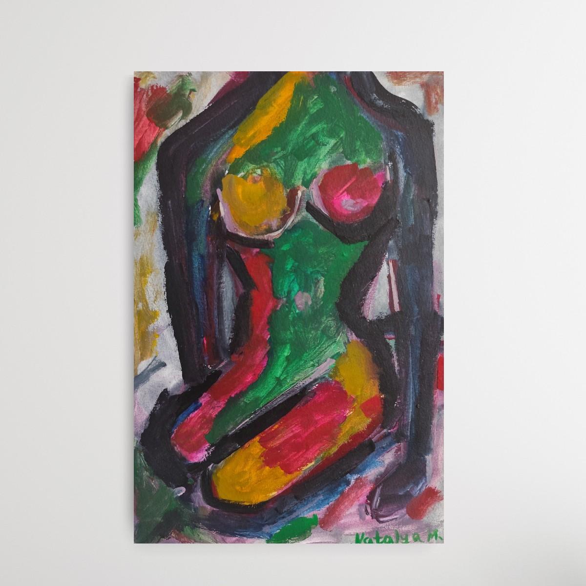 Pittura astratta figurativa di donna su carta 
