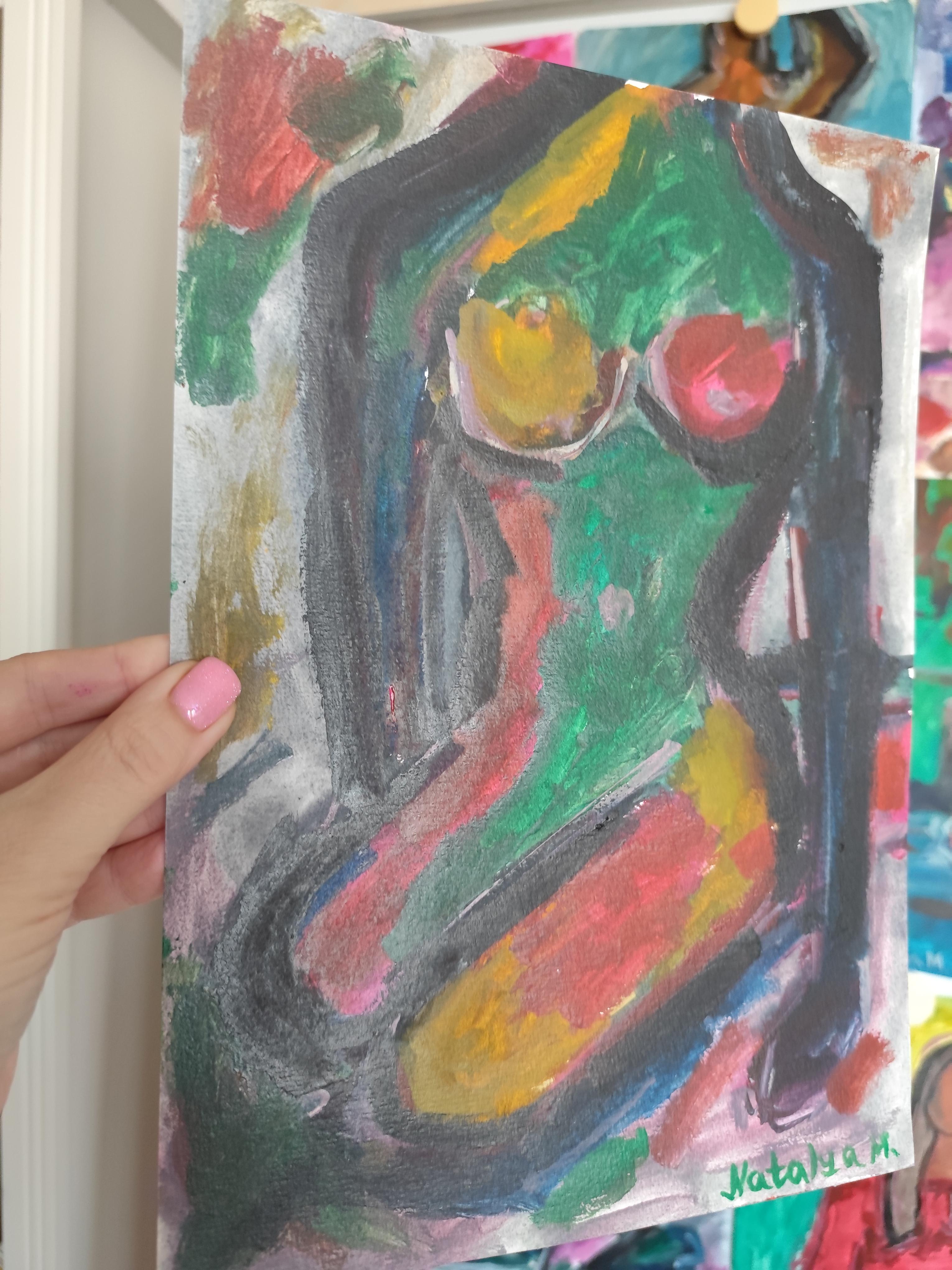 Pittura astratta figurativa di donna su carta 