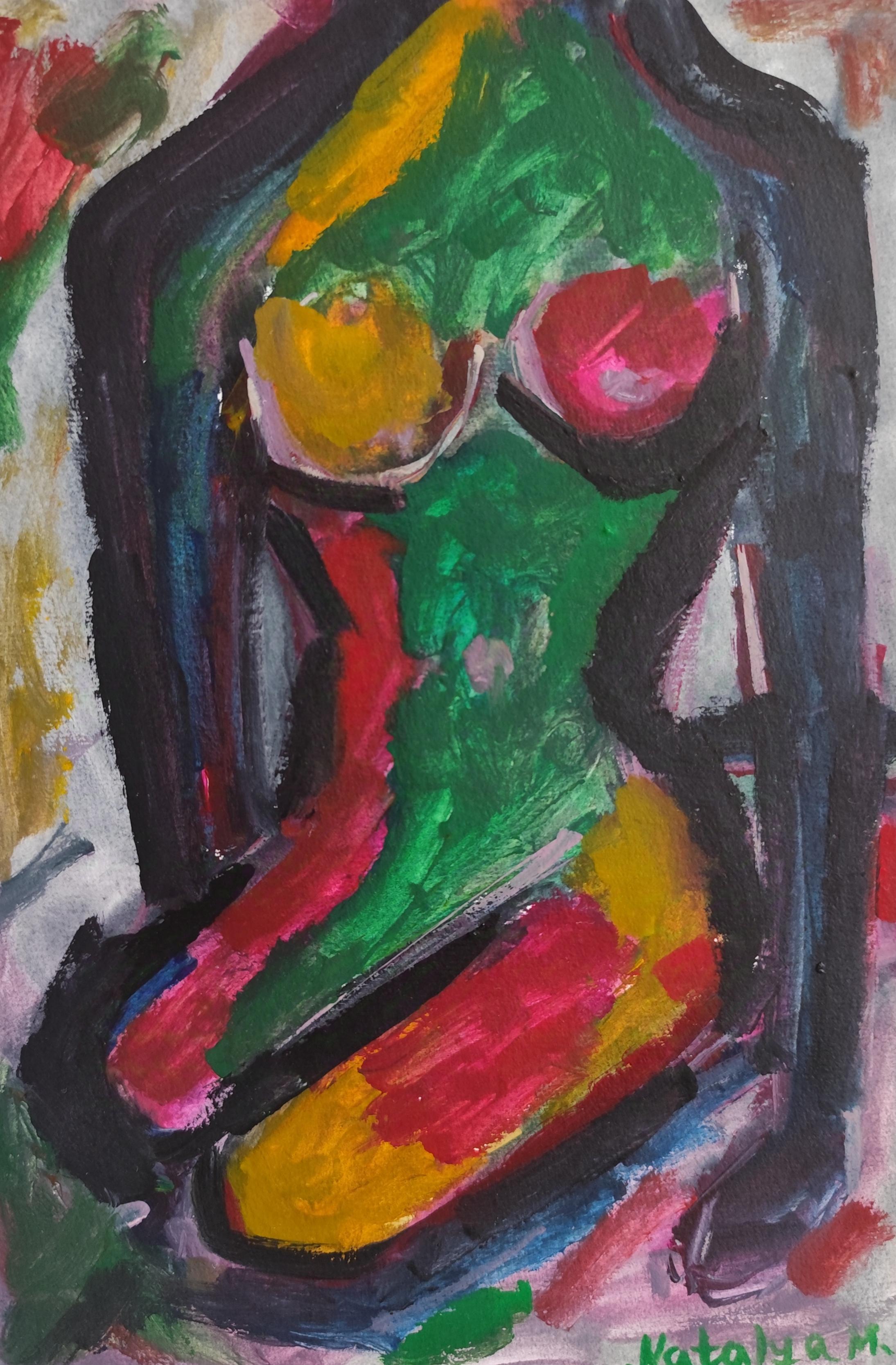 Figurative Art di Natalya Mougenot  - Pittura astratta figurativa di donna su carta "C'è libertà dentro di noi".