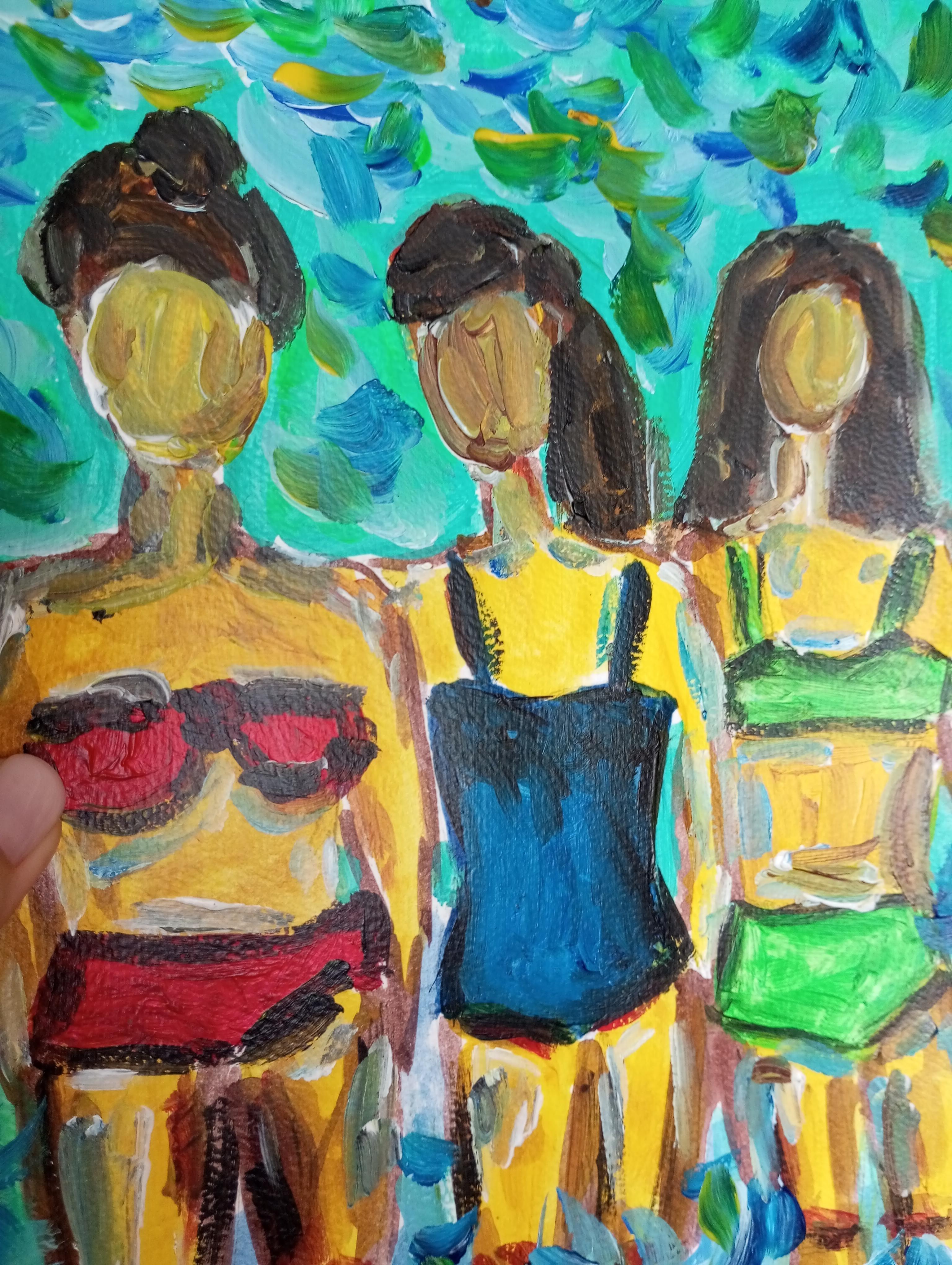 Quadro acrilico fiexpressivo contemporaneo di tre donne sulla spiaggia in vendita 5