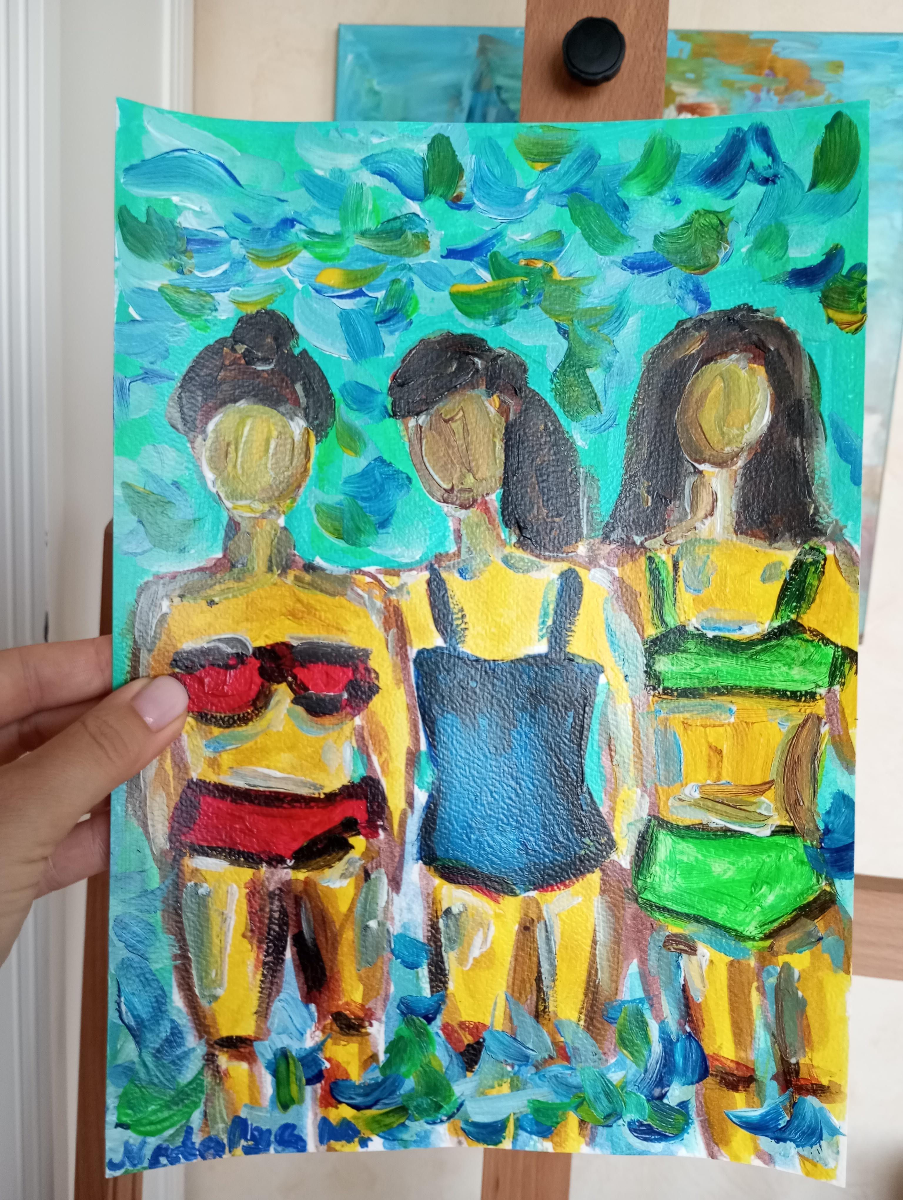 Quadro acrilico fiexpressivo contemporaneo di tre donne sulla spiaggia in vendita 6