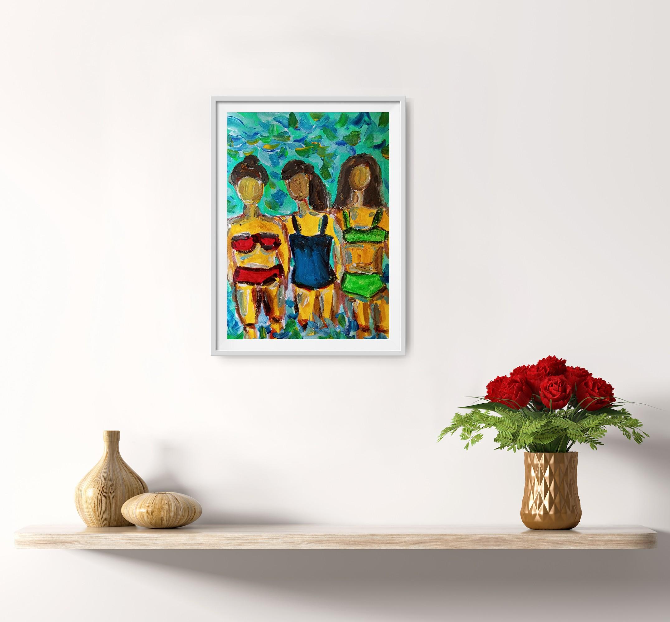 Quadro acrilico fiexpressivo contemporaneo di tre donne sulla spiaggia - Figurative Art Nero di Natalya Mougenot 