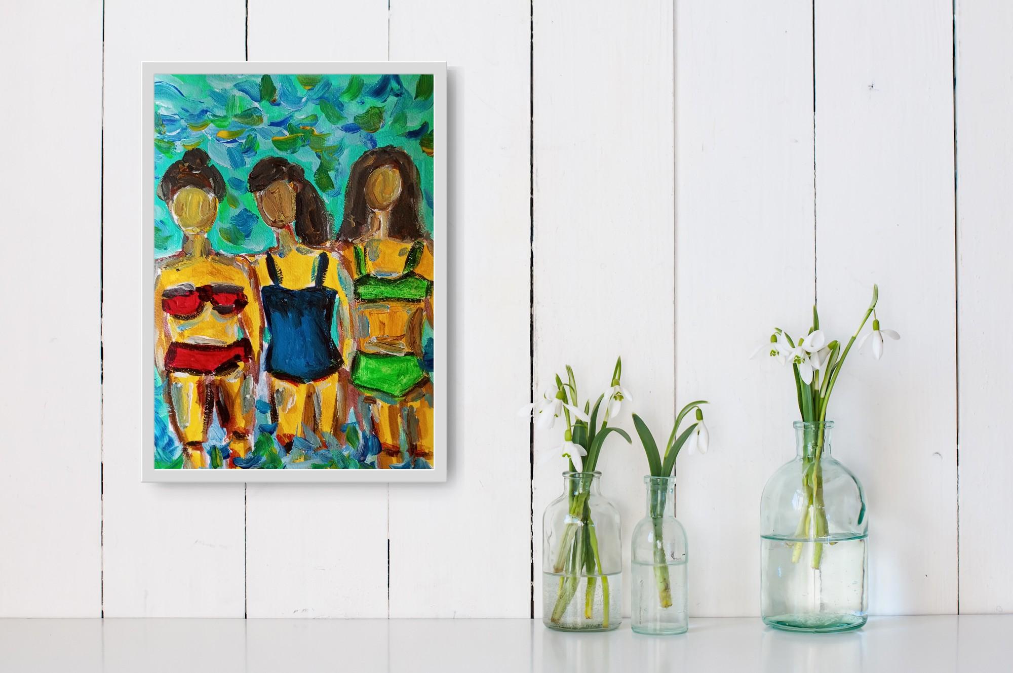 Quadro acrilico fiexpressivo contemporaneo di tre donne sulla spiaggia in vendita 2