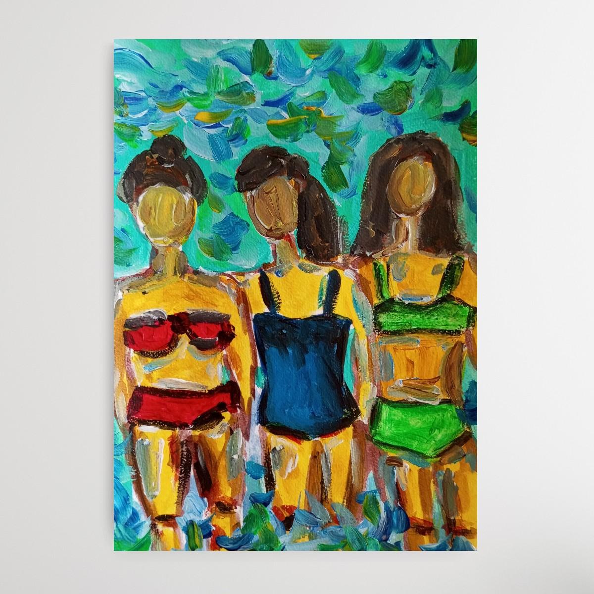 Quadro acrilico fiexpressivo contemporaneo di tre donne sulla spiaggia in vendita 3