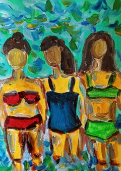 Quadro acrilico fiexpressivo contemporaneo di tre donne sulla spiaggia