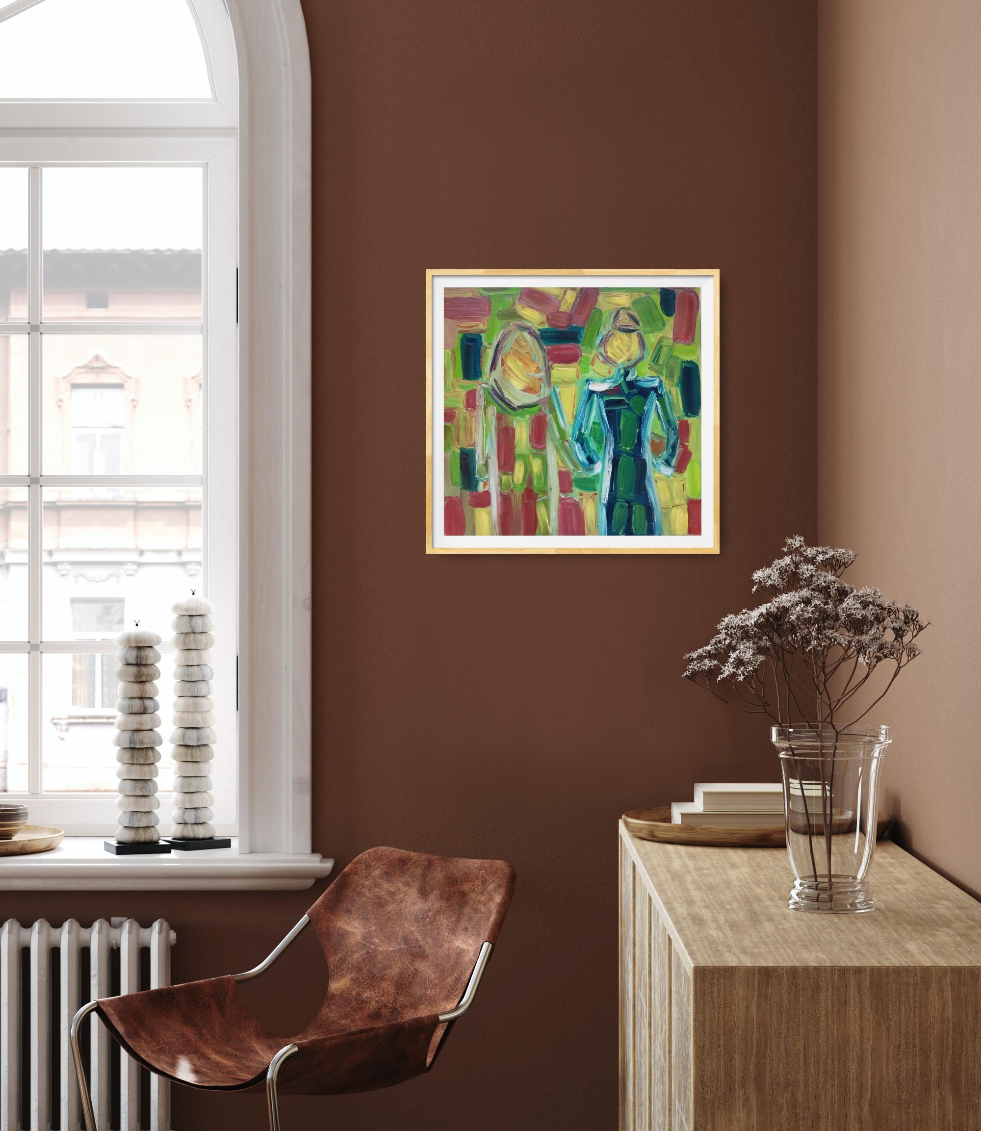 Pintura expresiva abstracta contemporánea de dos mujeres 