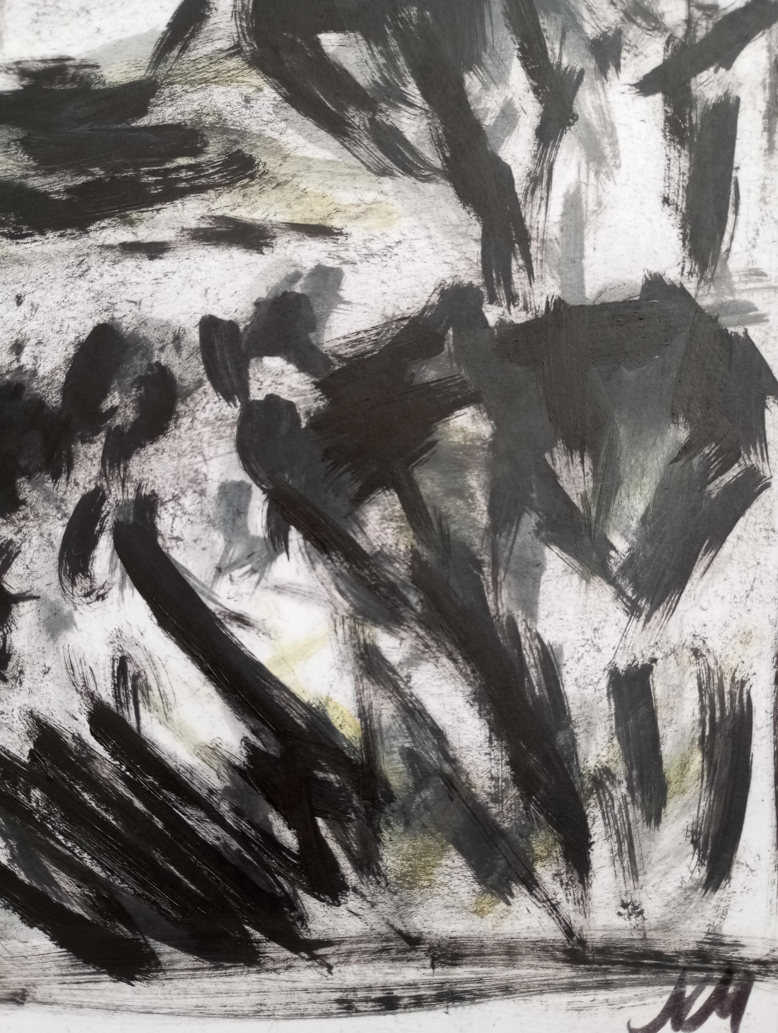 Pittura ad olio su carta di un paesaggio moderno semi-astratto in bianco e nero in vendita 2