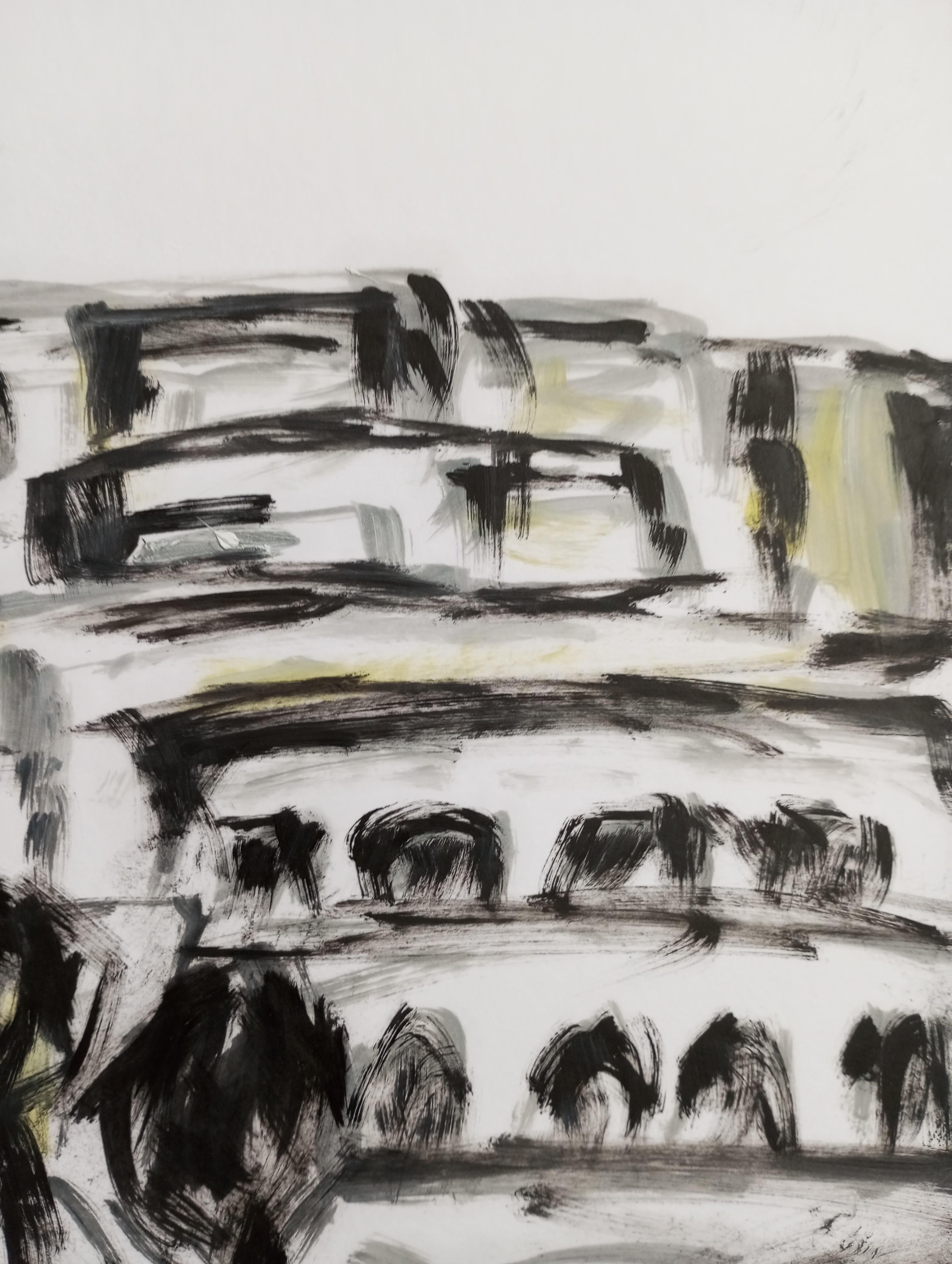 Pittura ad olio su carta di un paesaggio moderno semi-astratto in bianco e nero in vendita 3