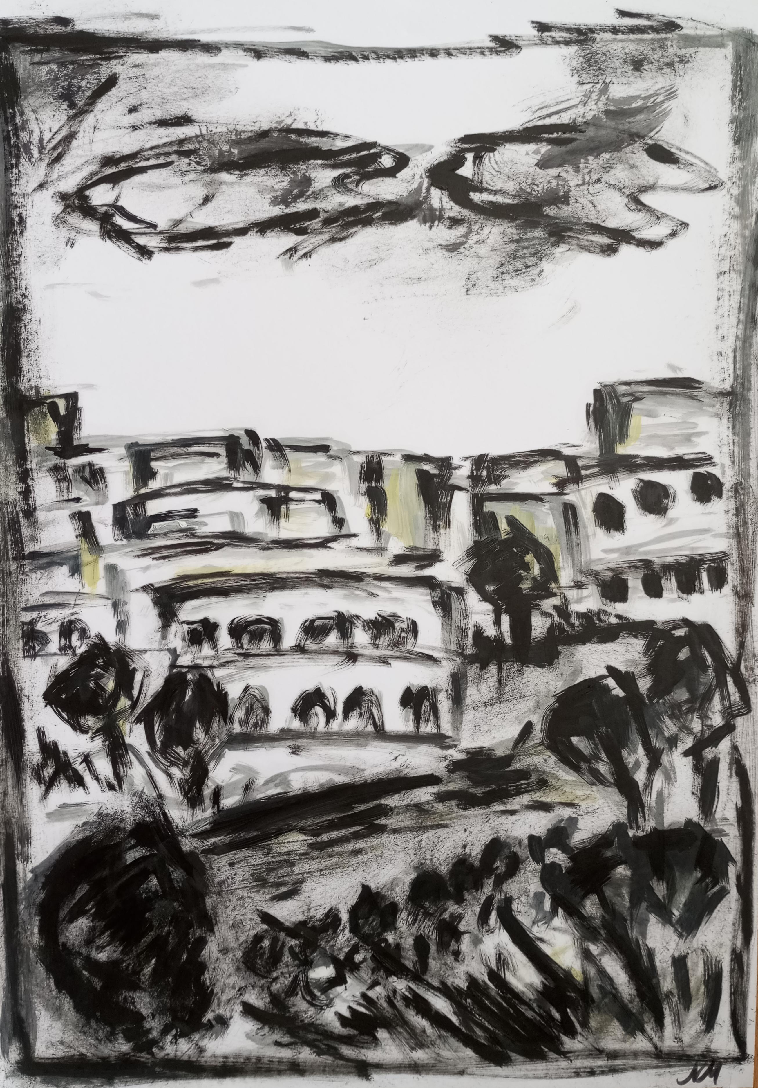 Pittura ad olio su carta di un paesaggio moderno semi-astratto in bianco e nero - Painting di Natalya Mougenot 