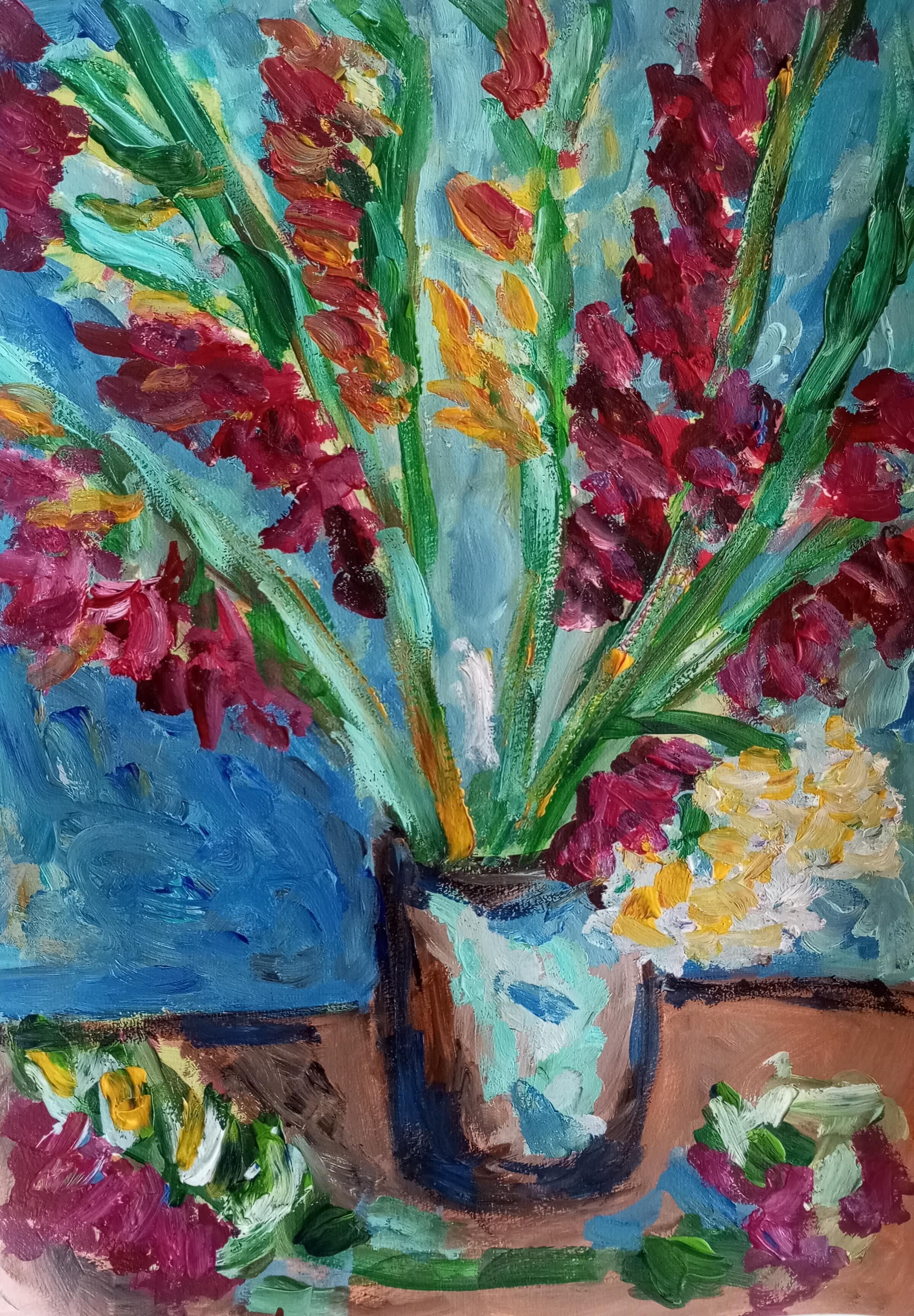 Vase with gladioli in August 