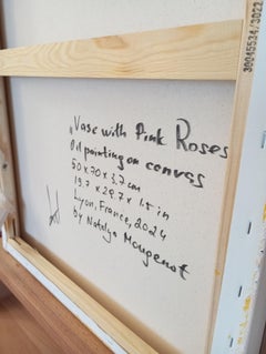 Tela ad olio floreale impressionista contemporanea "Vaso con rose rosa".