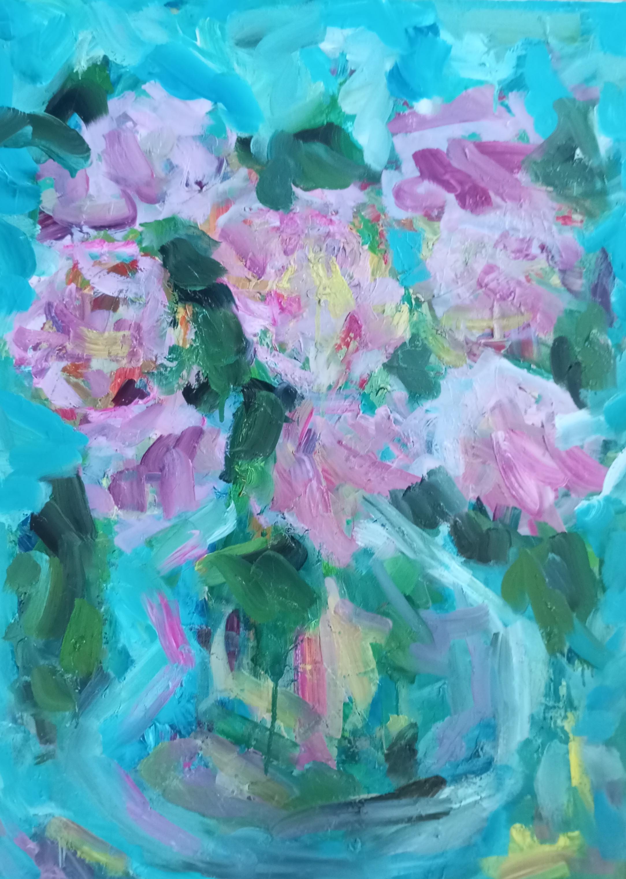 Natalya Mougenot  Abstract Painting - "Vase with pink roses"