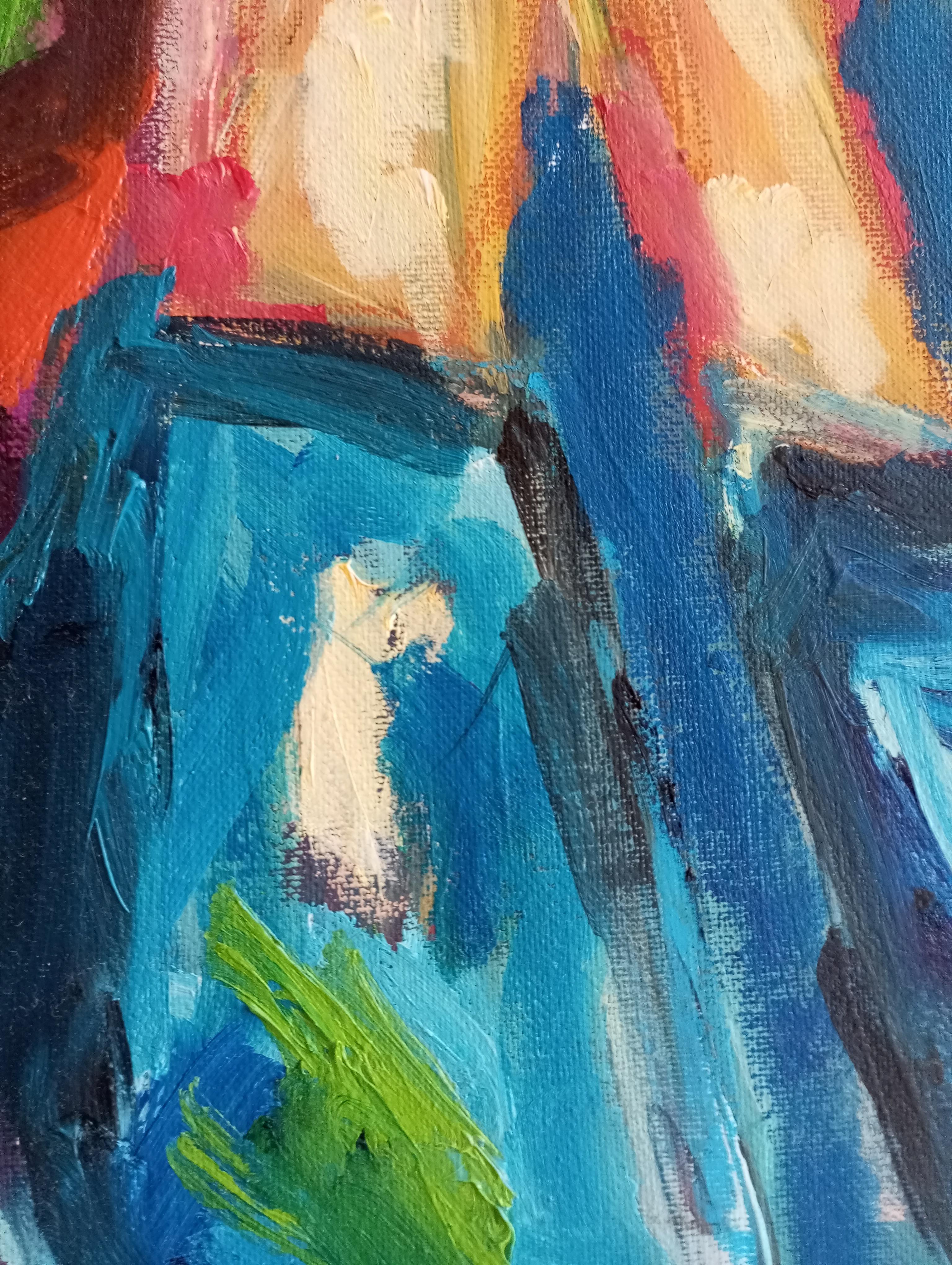 Ritratto astratto contemporaneo ad olio senza volto di donna su tela 