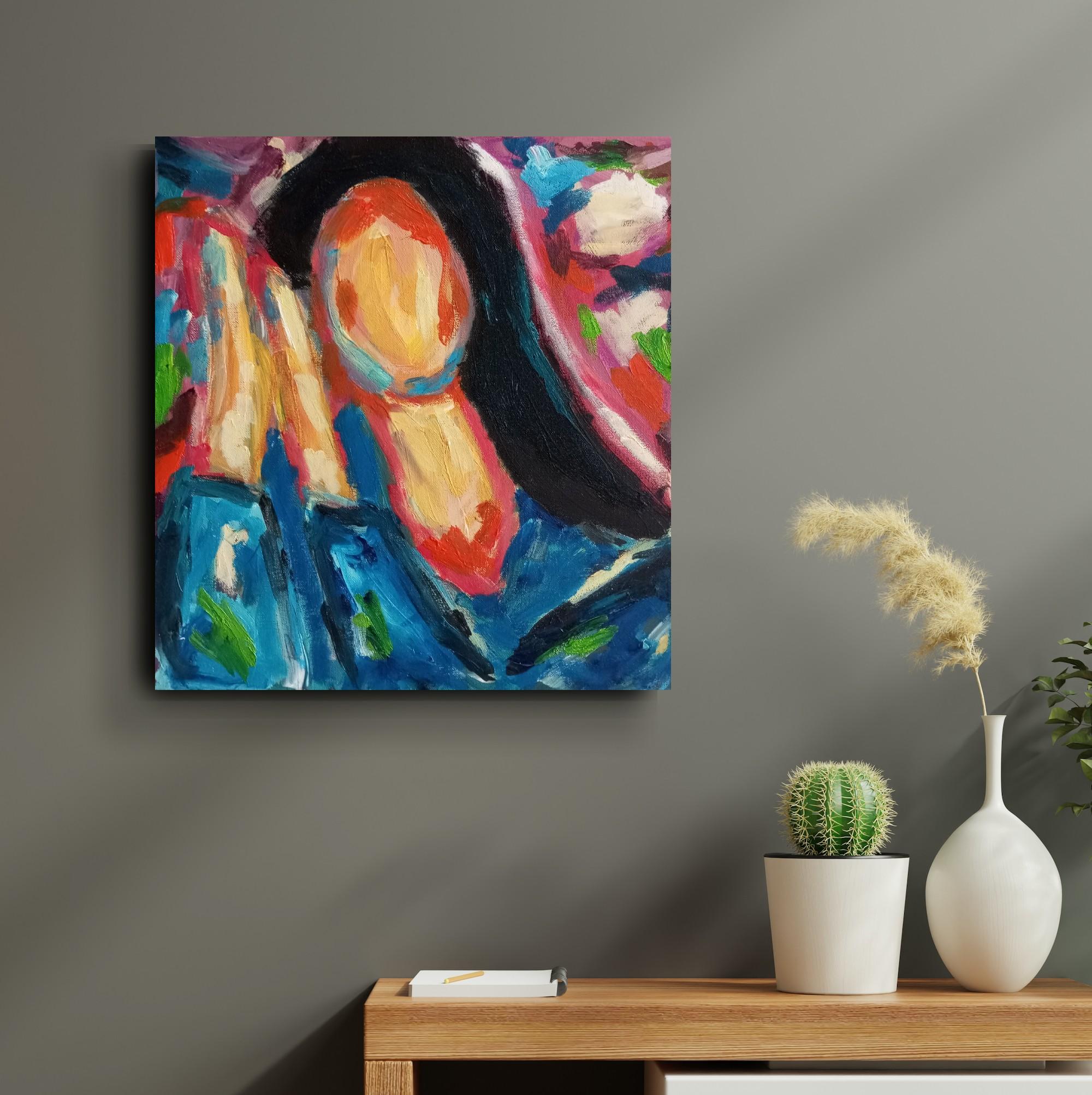 Ritratto astratto contemporaneo ad olio senza volto di donna su tela 