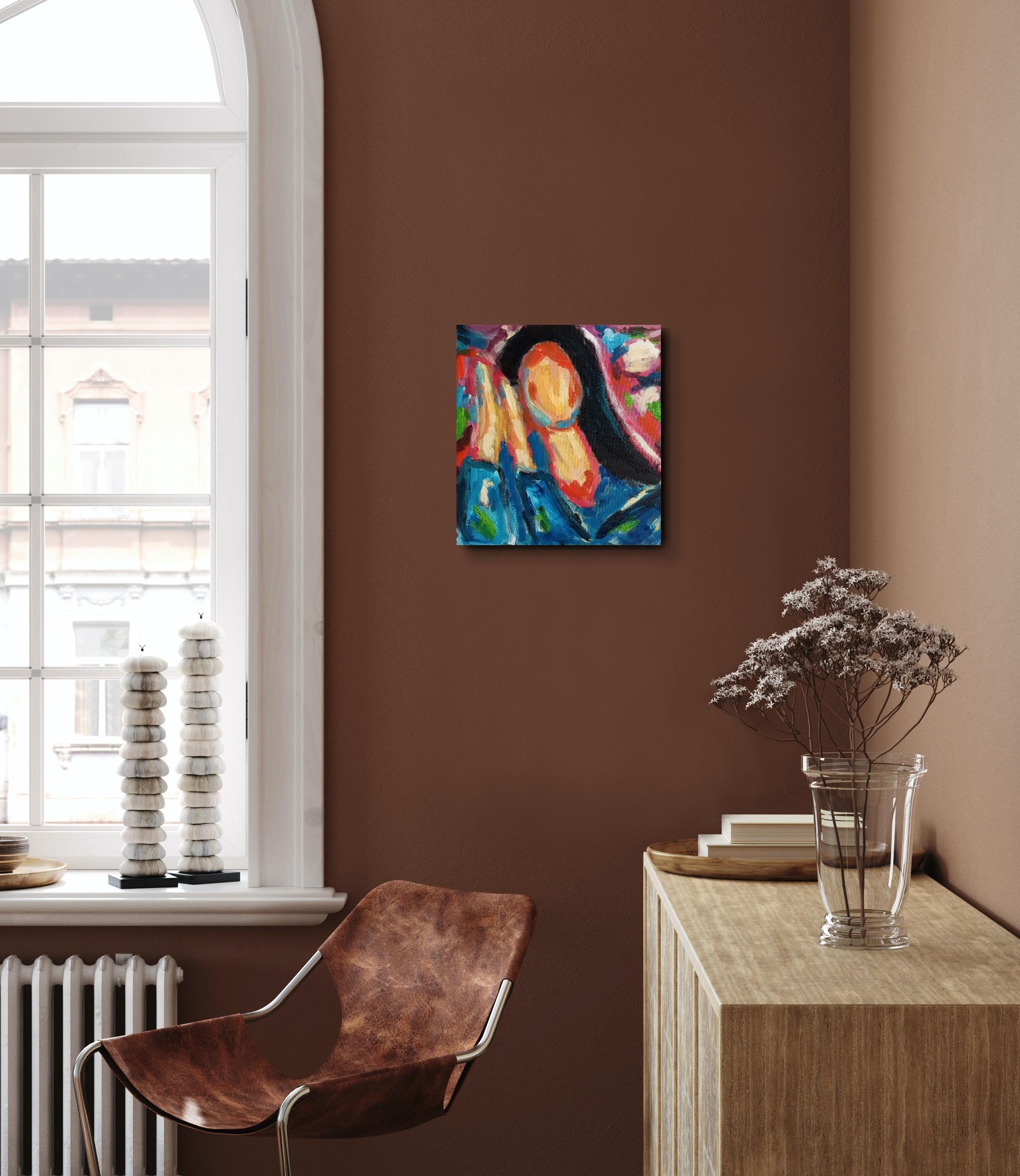 Ritratto astratto contemporaneo ad olio senza volto di donna su tela 