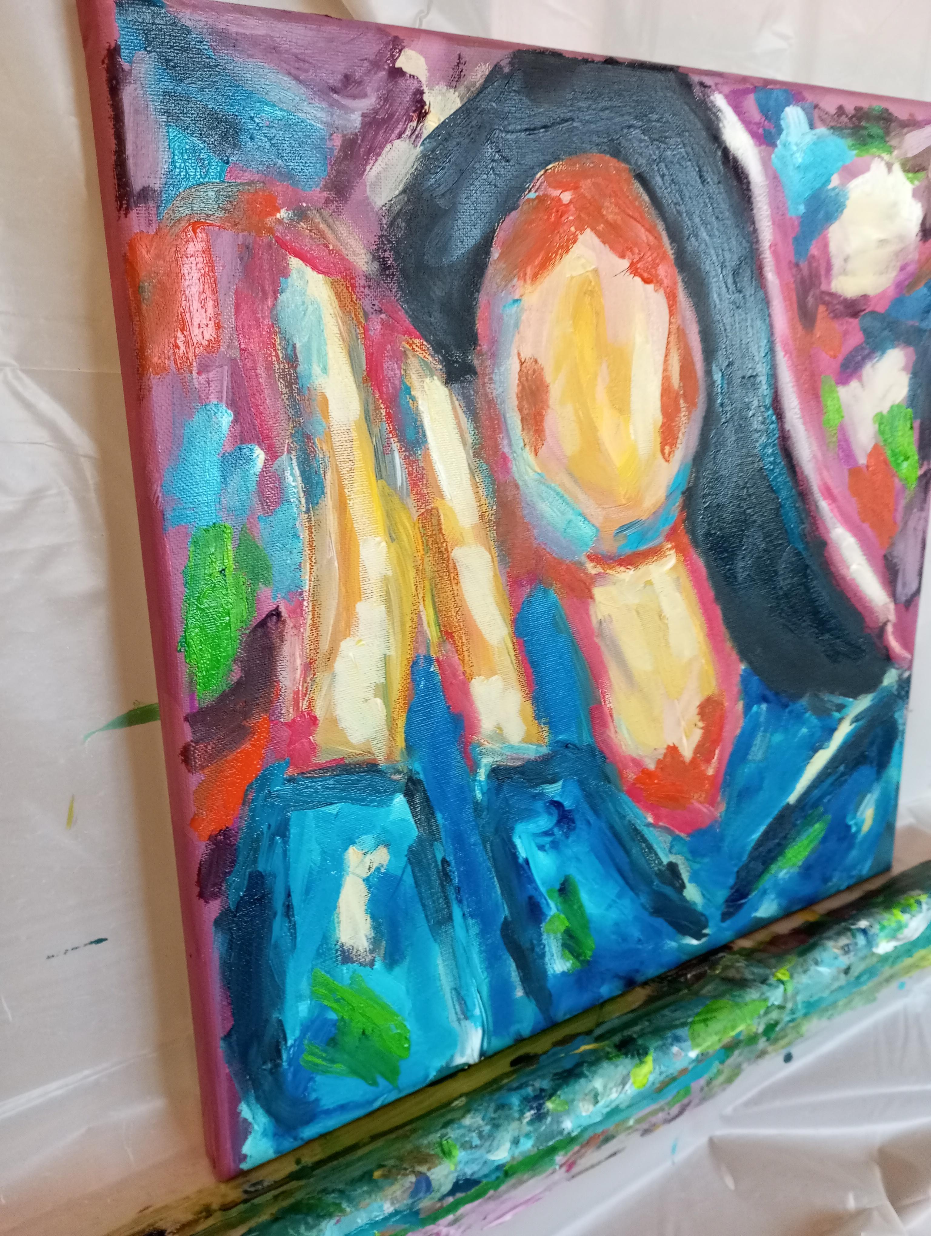 Ritratto astratto contemporaneo ad olio senza volto di donna su tela 