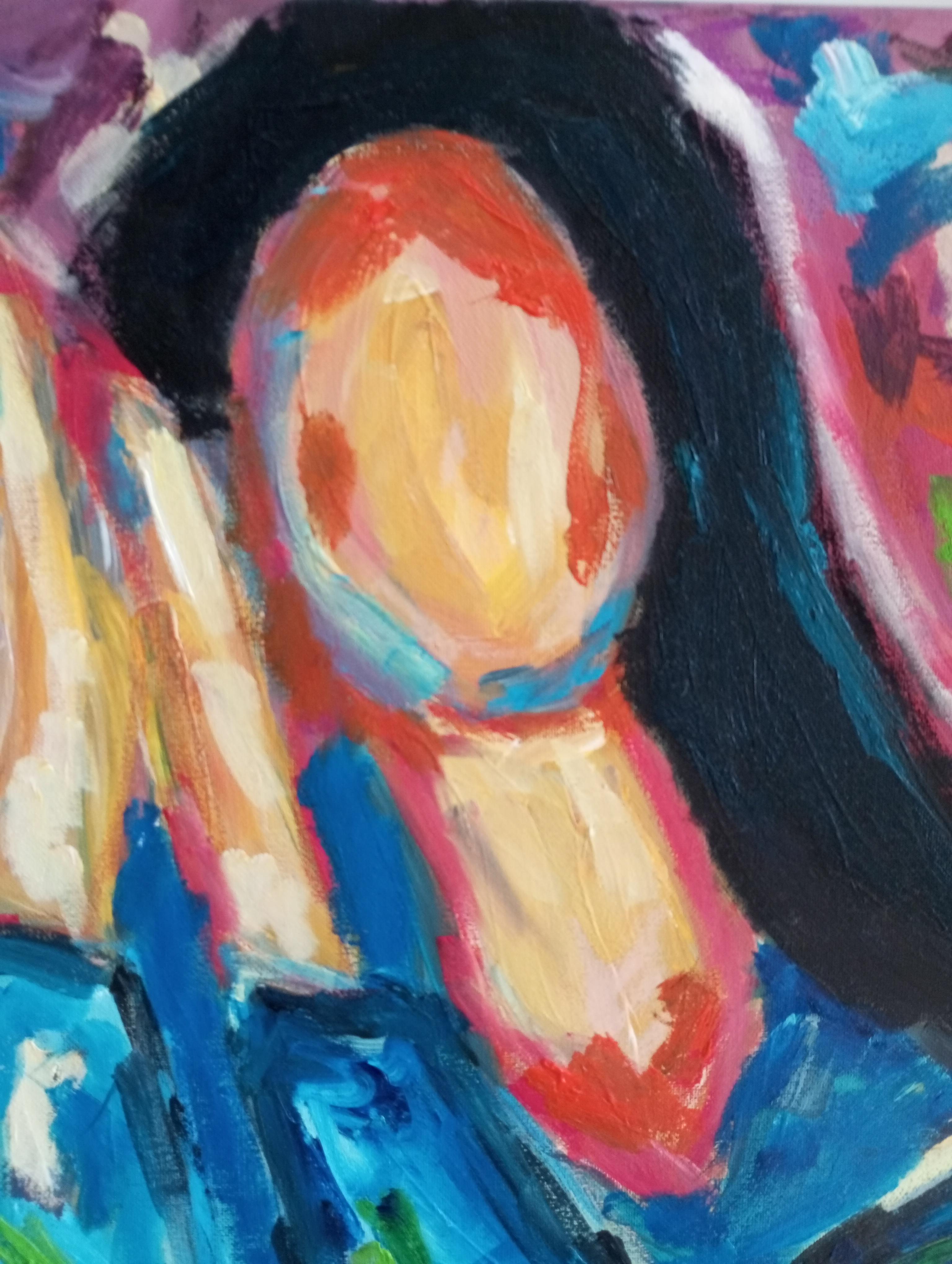 Questo ritratto astratto contemporaneo, espressivo e dai colori vivaci di una donna senza volto, intitolato 