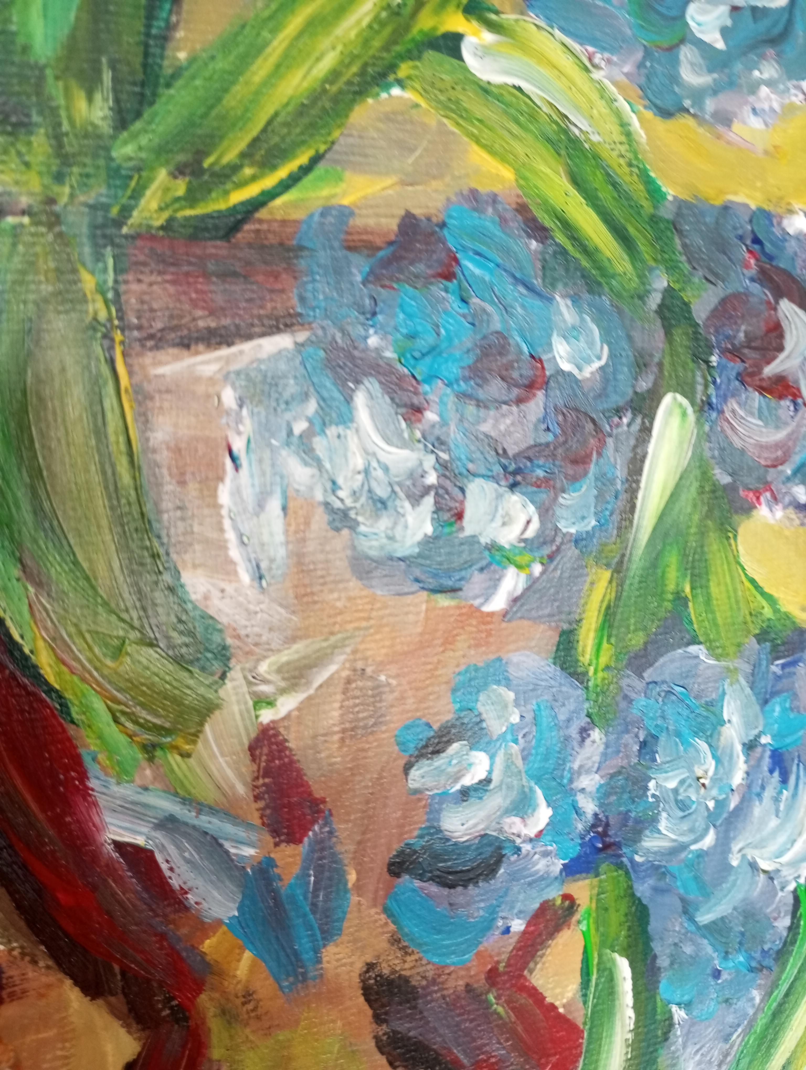 Pintura impresionista contemporánea expresiva floral lirios morados sobre papel en venta 5