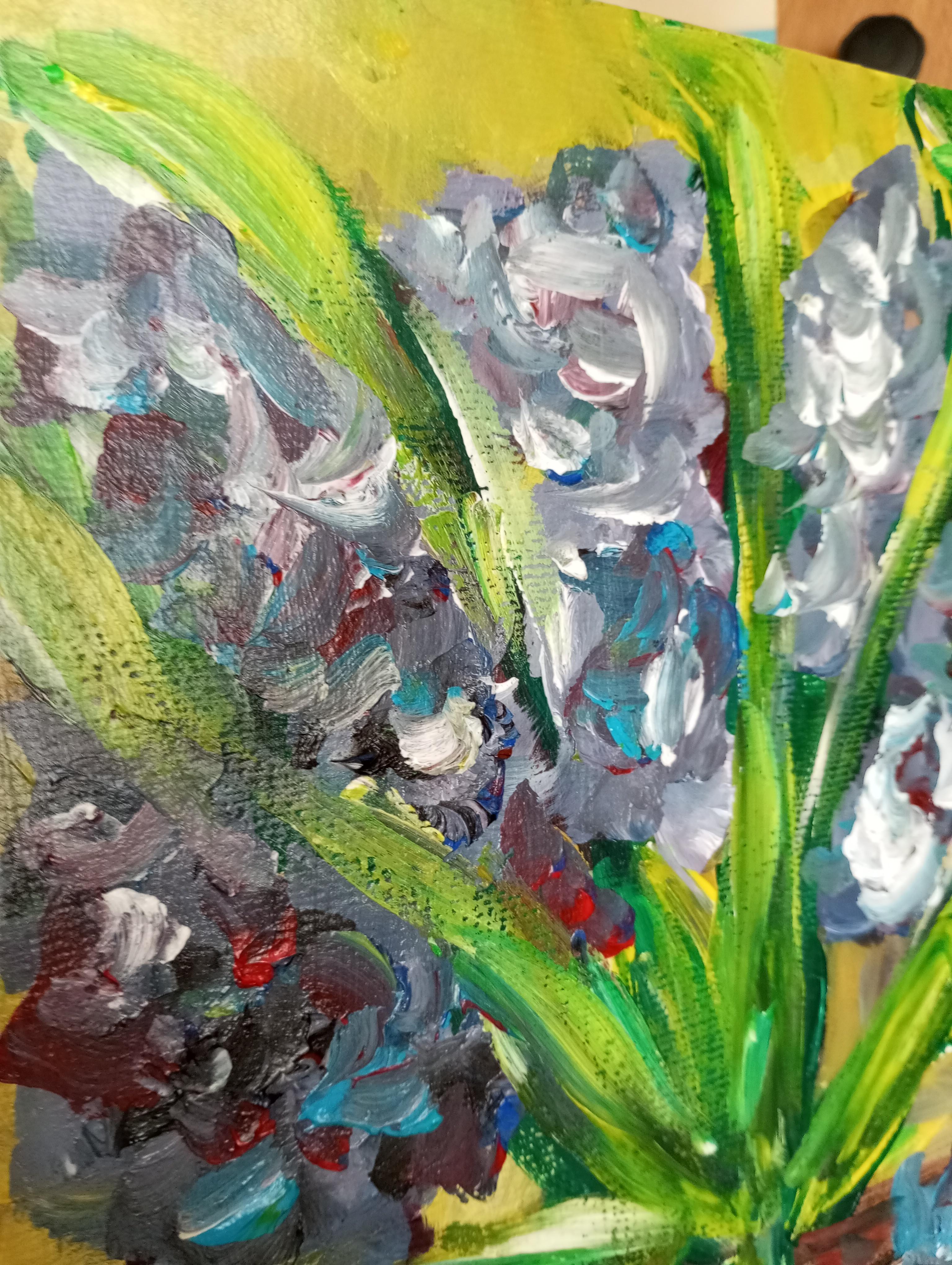 Pintura impresionista contemporánea expresiva floral lirios morados sobre papel en venta 6