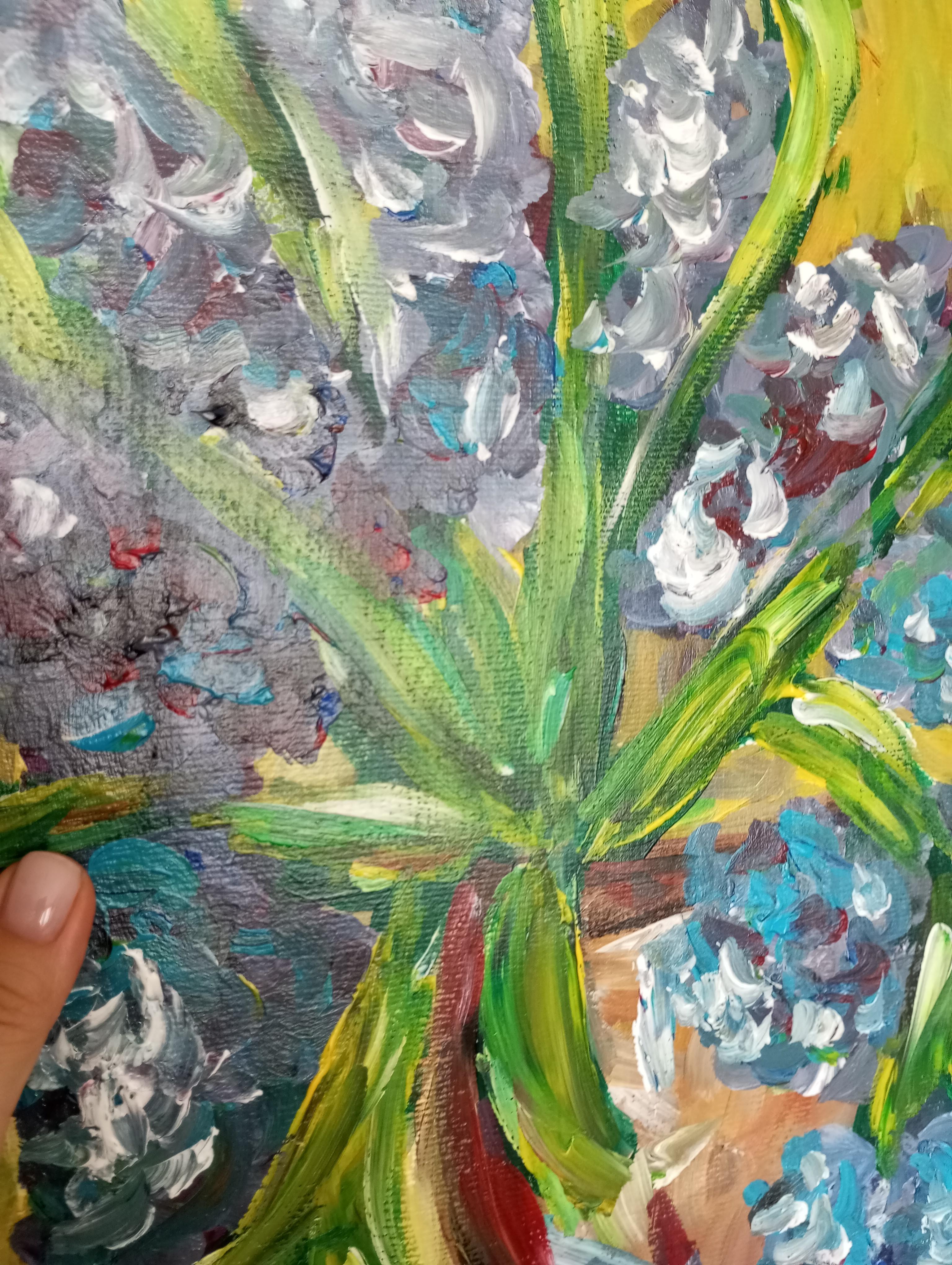 Pintura impresionista contemporánea expresiva floral lirios morados sobre papel en venta 7