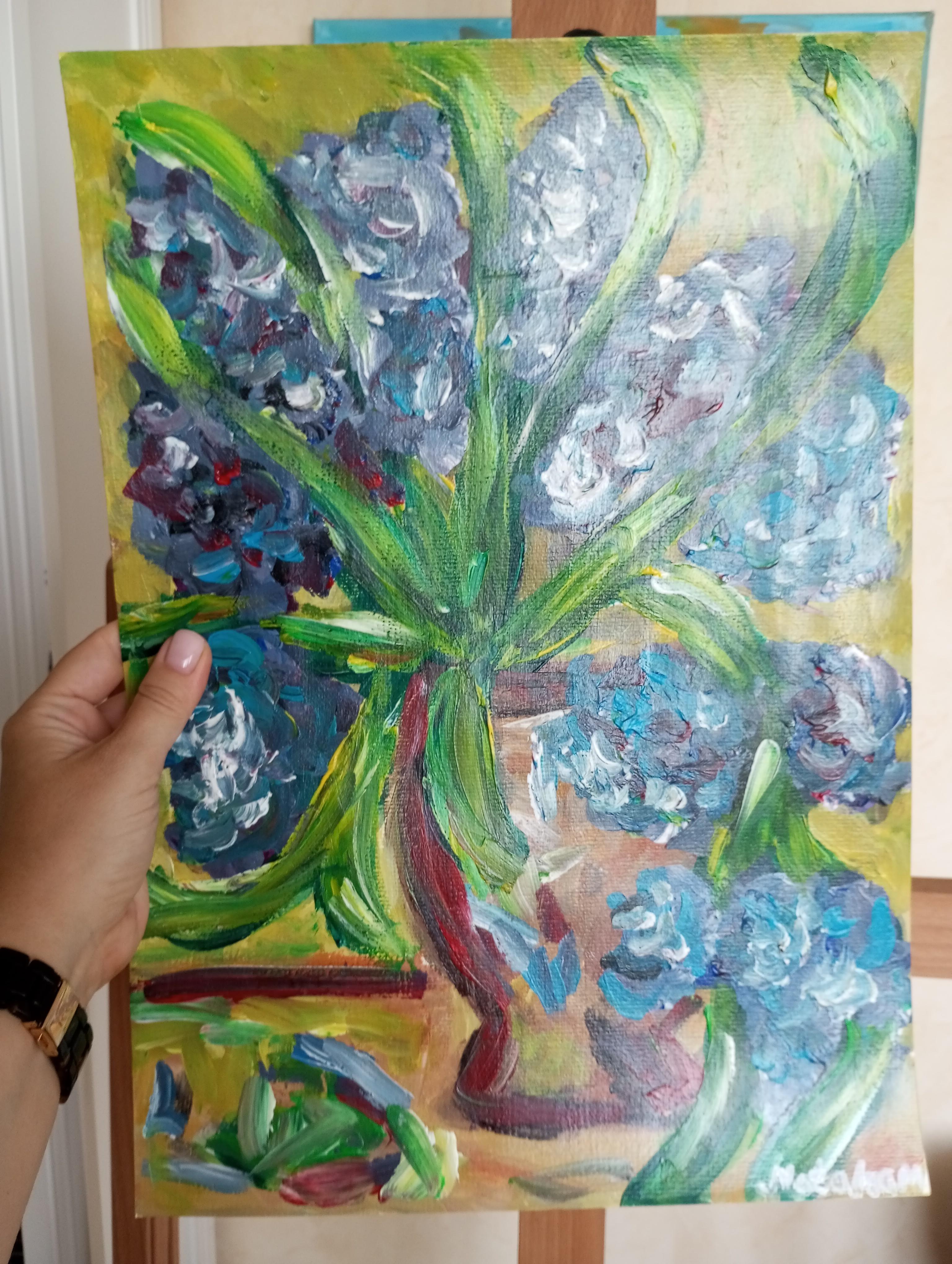 Pintura impresionista contemporánea expresiva floral lirios morados sobre papel en venta 8