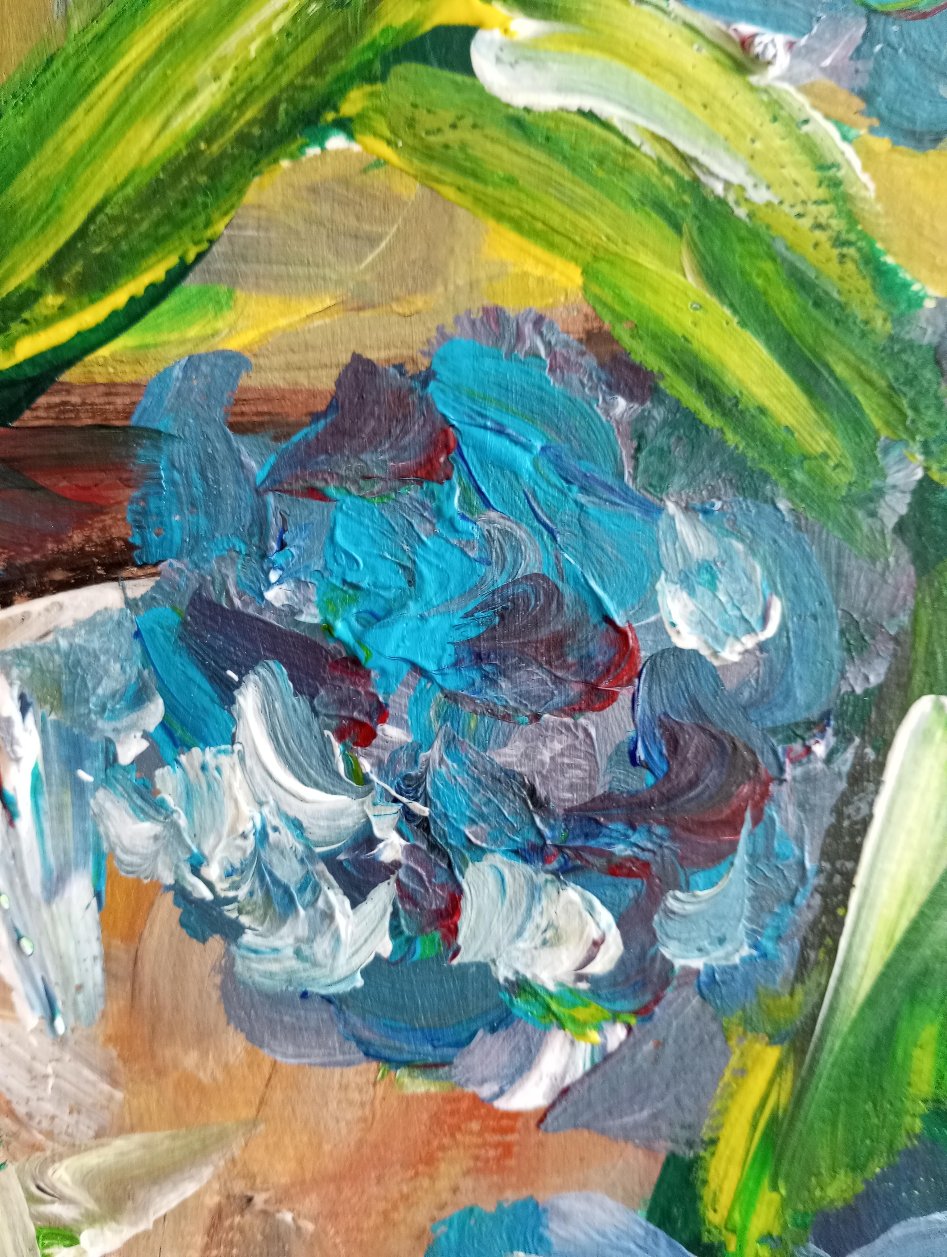 Pintura impresionista contemporánea expresiva floral lirios morados sobre papel en venta 10