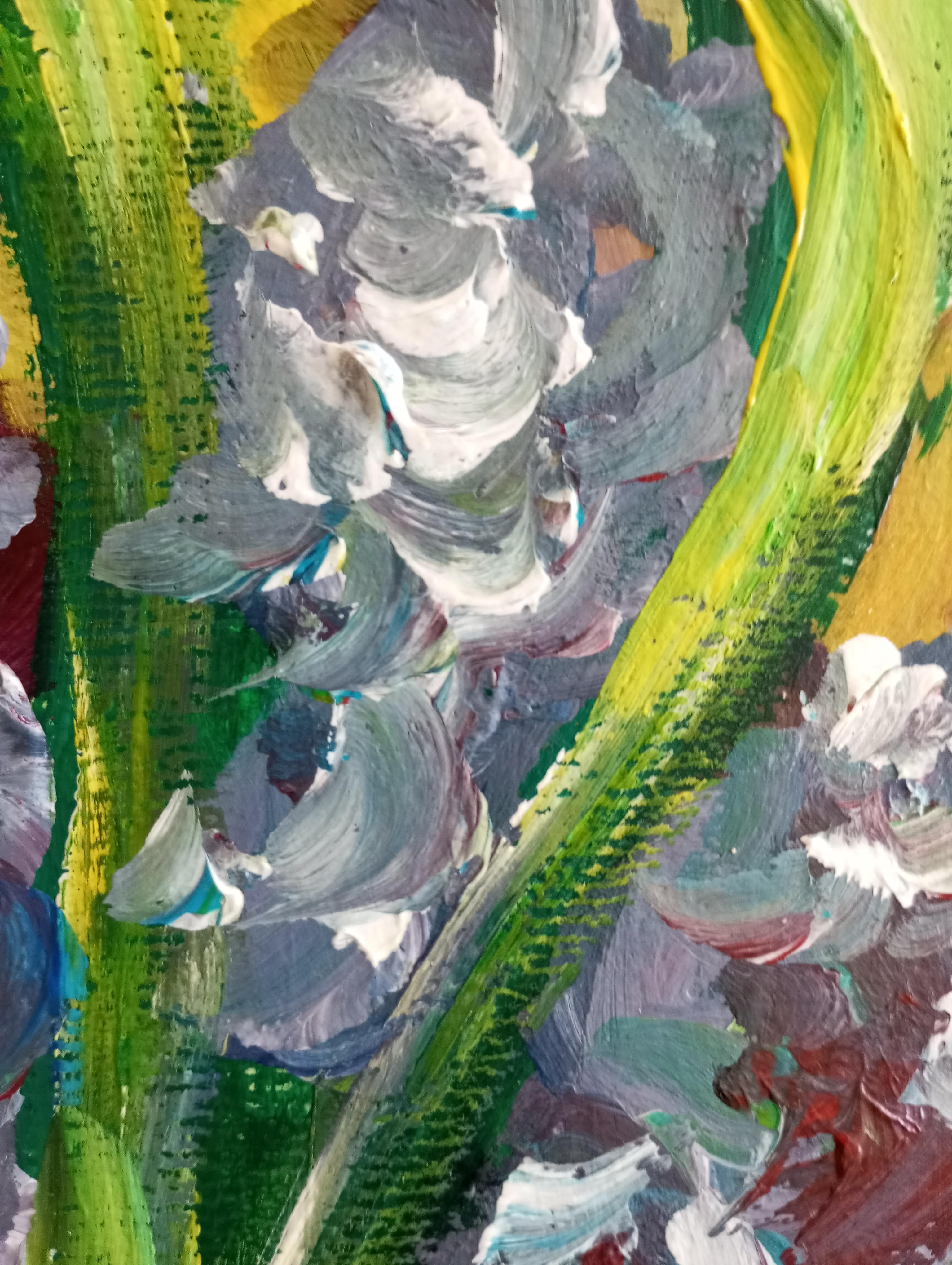 Pintura impresionista contemporánea expresiva floral lirios morados sobre papel en venta 11