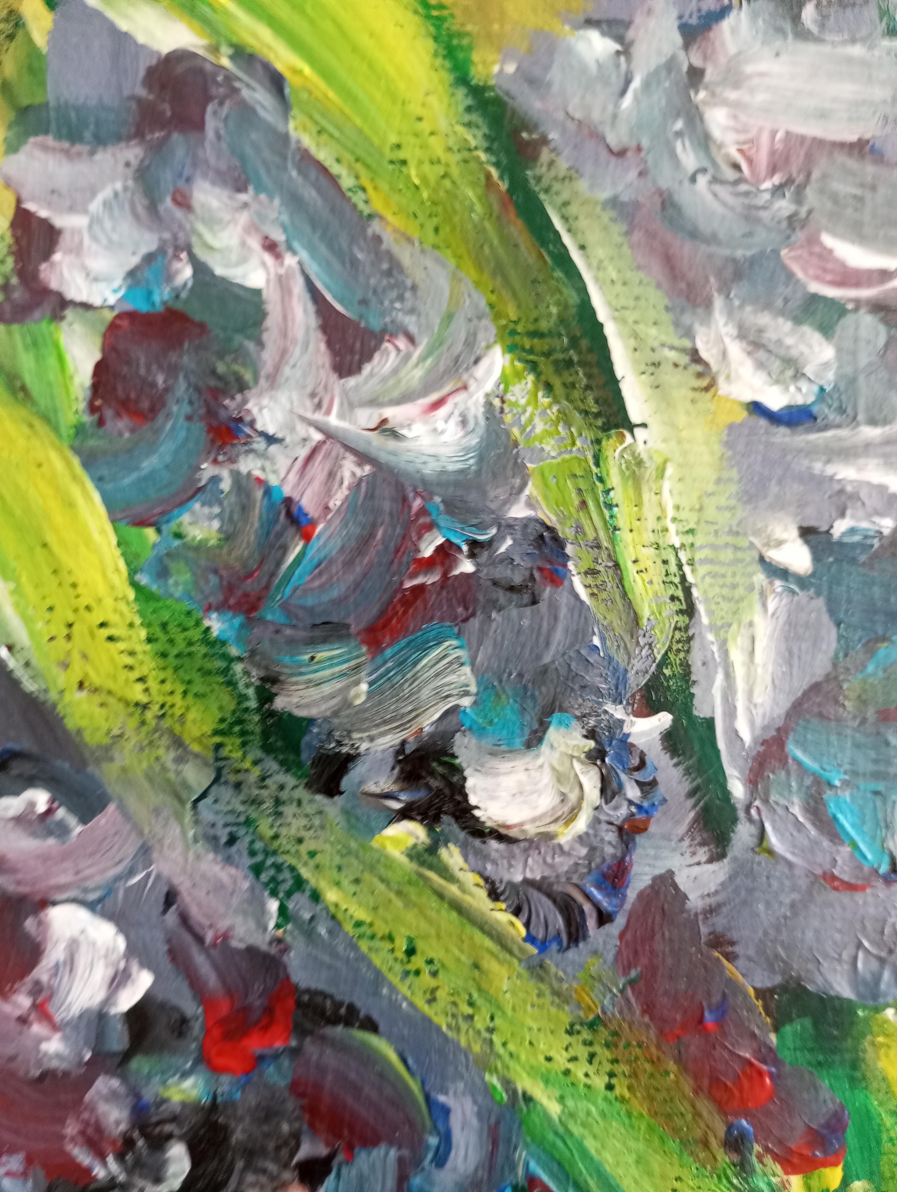 Pintura impresionista contemporánea expresiva floral lirios morados sobre papel en venta 12
