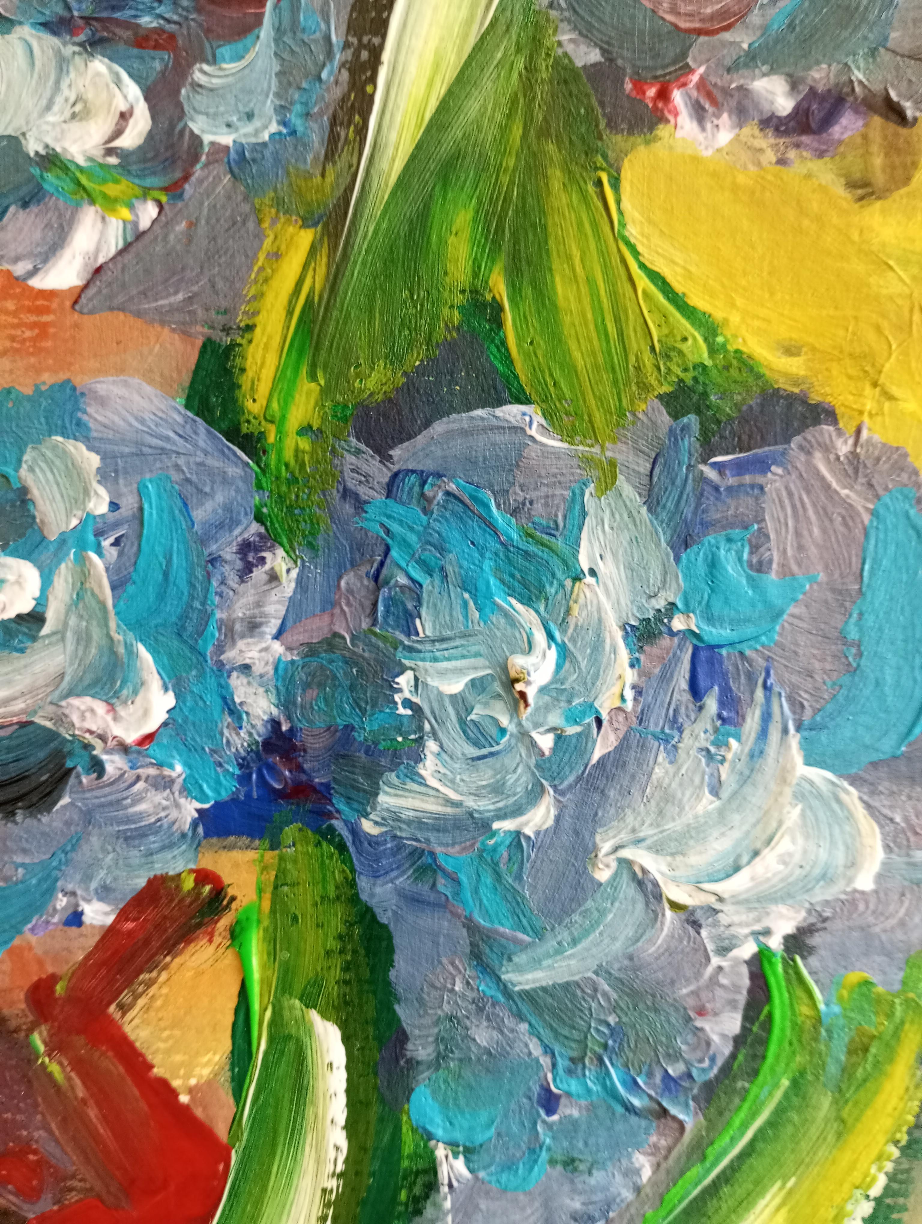 Pintura impresionista contemporánea expresiva floral lirios morados sobre papel en venta 13