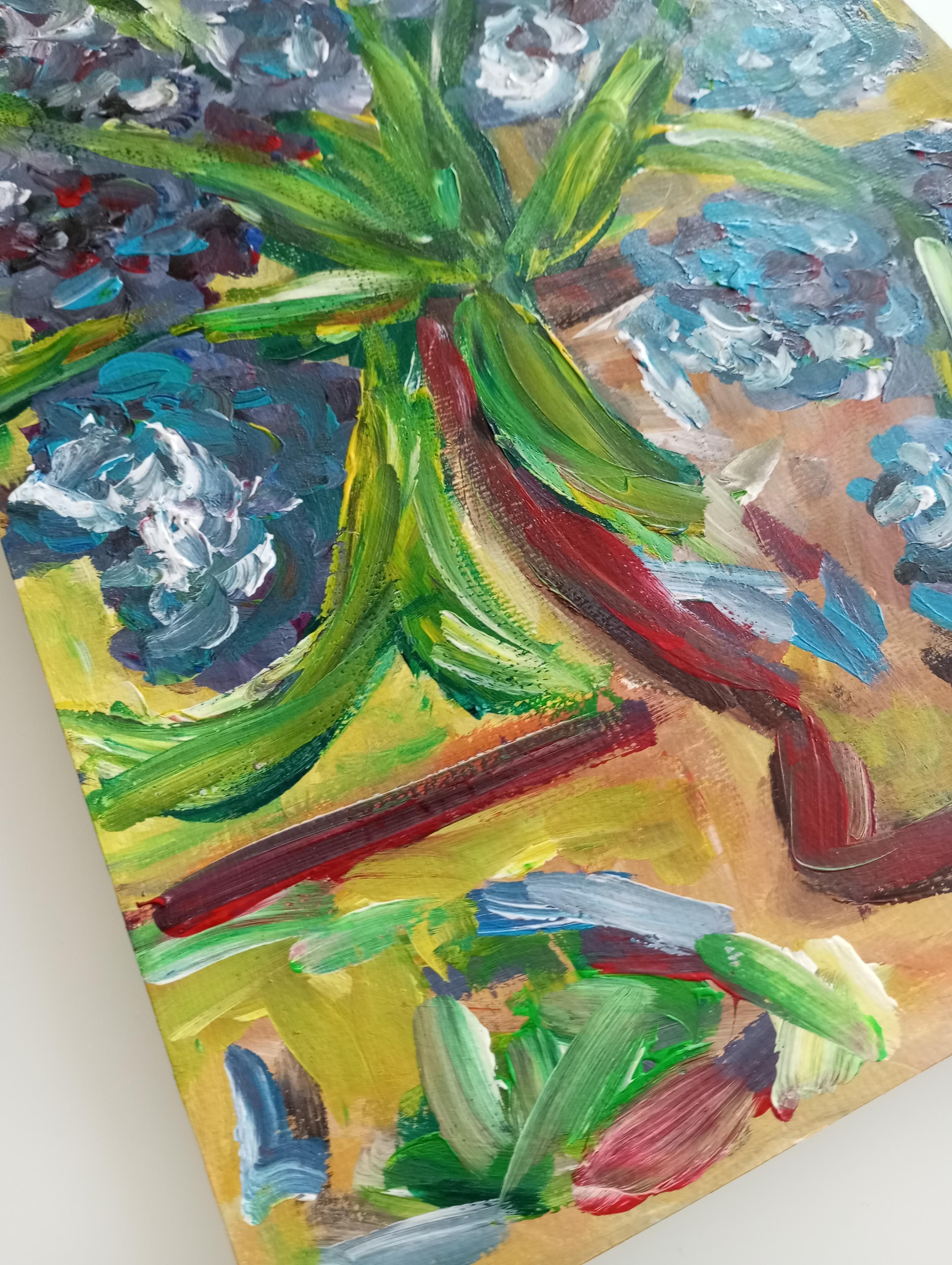 Pintura impresionista contemporánea expresiva floral lirios morados sobre papel en venta 14