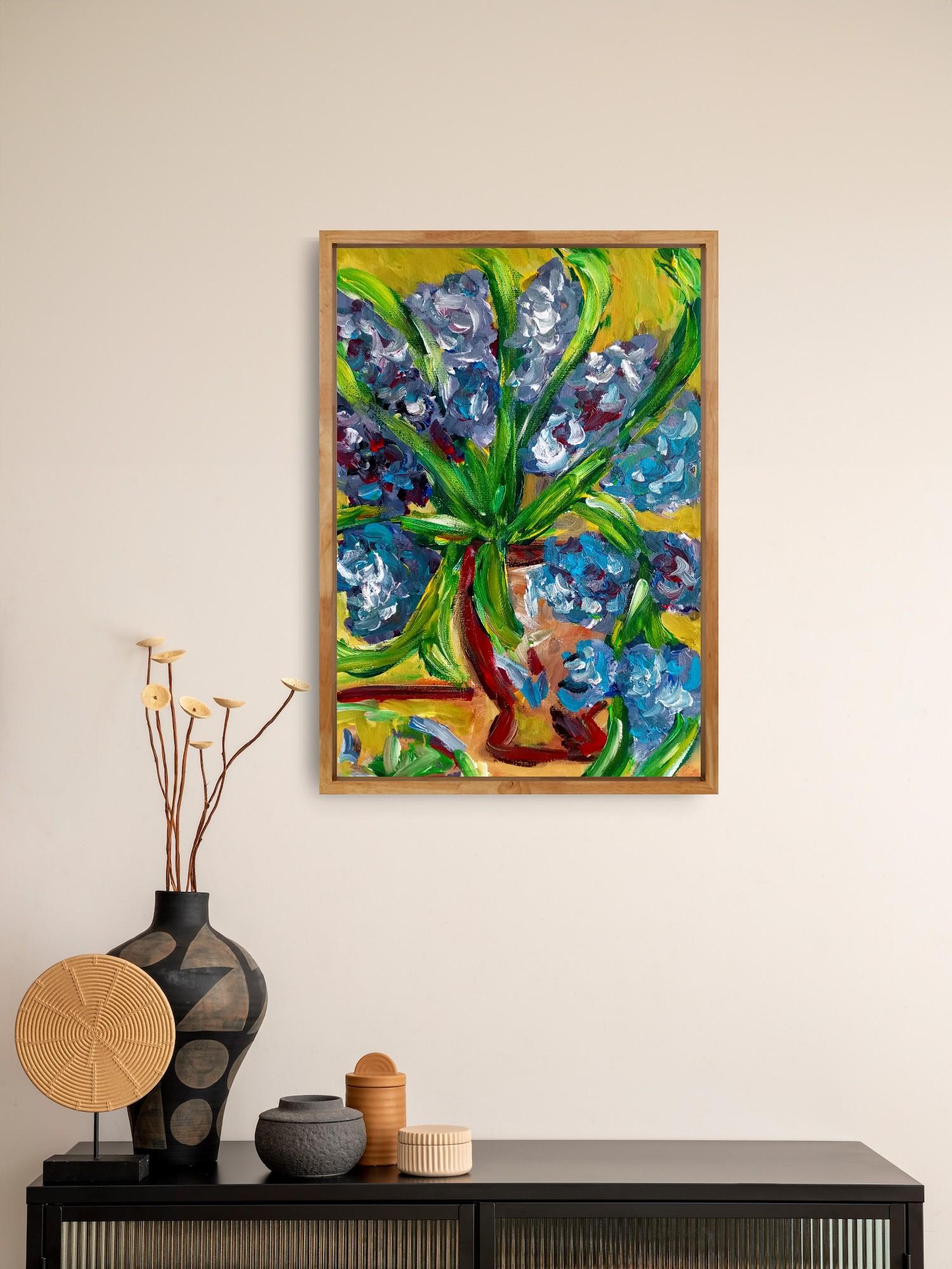 Pintura impresionista contemporánea expresiva floral lirios morados sobre papel - Painting de Natalya Mougenot 