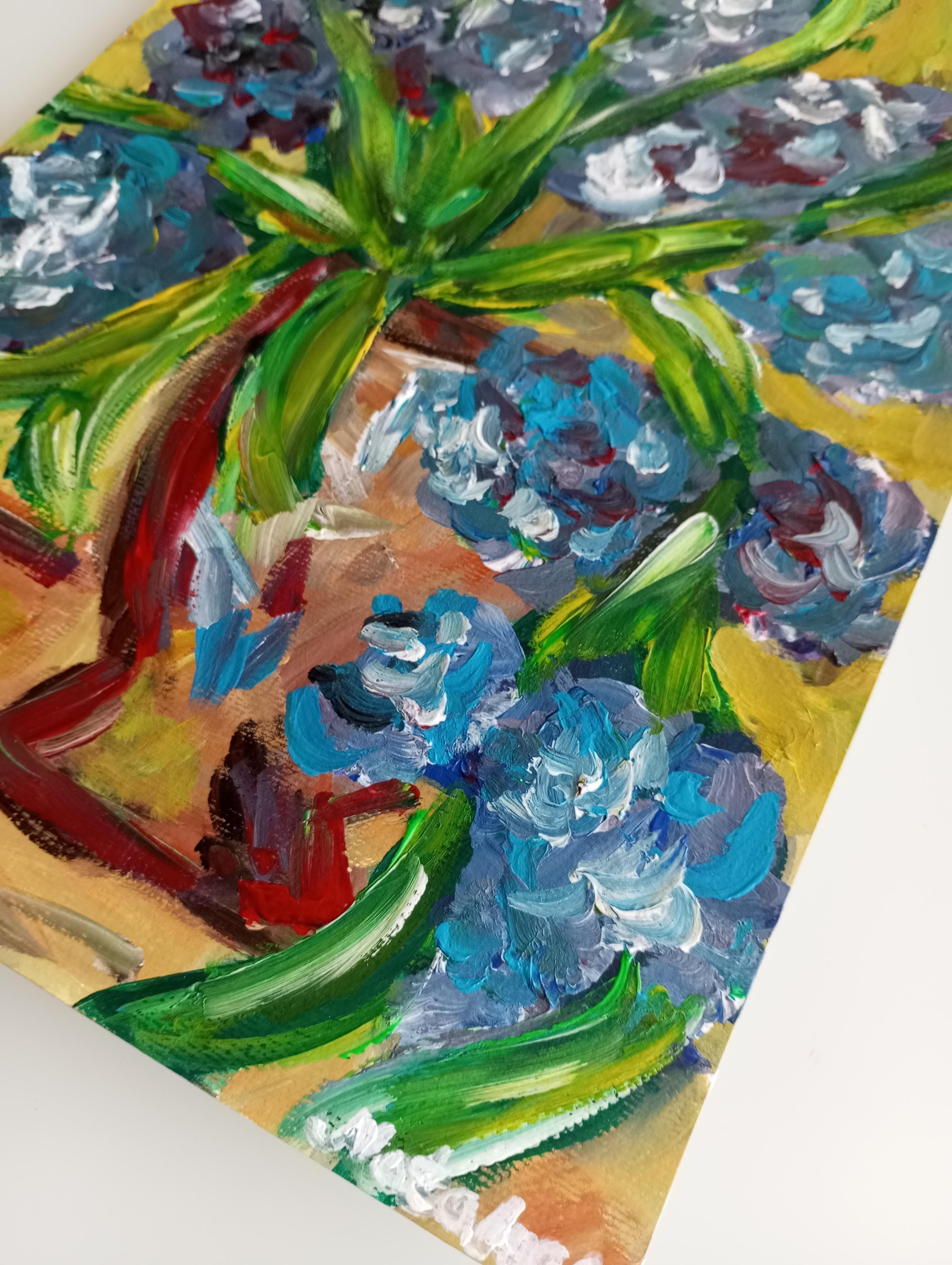 Pintura impresionista contemporánea expresiva floral lirios morados sobre papel en venta 15